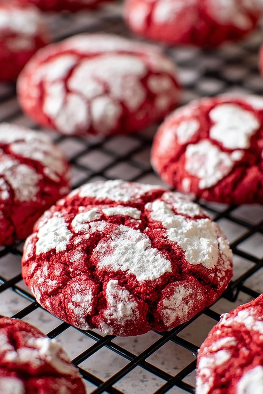 Red Velvet Crinkle Cookies, Red Velvet Cookies Recipe, Best Red Velvet Cookies, Easy Red Velvet Cookies, Holiday Red Velvet Cookies - The image shows several round red cookies with bright white powdered sugar unevenly spread on top, creating a cracked pattern that reveals the rich red color underneath. The cookies are placed on a black cooling rack, which has a grid pattern, and the texture of the cookies looks soft and slightly crumbly. The background shows more cookies out of focus, giving depth to the image, all sitting on a white marbled surface. The photo is taken with an iphone --ar 2:3 --v 7