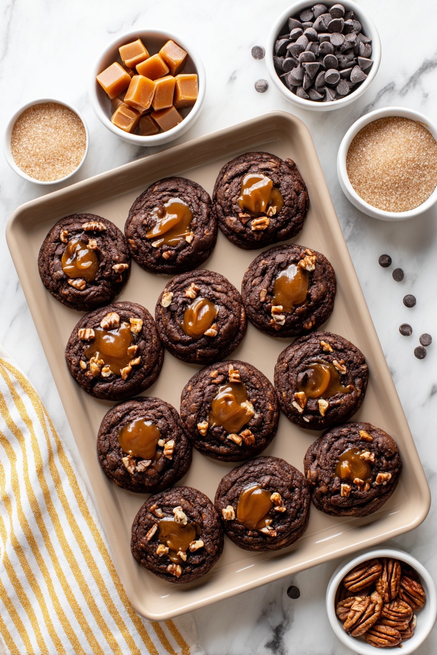 Chocolate Caramel Pecan Cookies, decadent cookie recipes, caramel pecan cookies, chocolate cookie desserts, rich cookie treats - A tray with 15 dark brown round cookies arranged in five rows and three columns, each cookie topped in the center with a caramel pool. Around the caramel are small pieces of chopped pecans and chocolate chips scattered over the cookies. The tray is beige and placed on a white marbled surface. Above the tray are four small white bowls containing dark chocolate chips, pecan halves, whole caramel candies, and light brown sugar. A white and yellow striped cloth is placed on the bottom left corner of the surface. Photo taken with an iphone --ar 2:3 --v 7