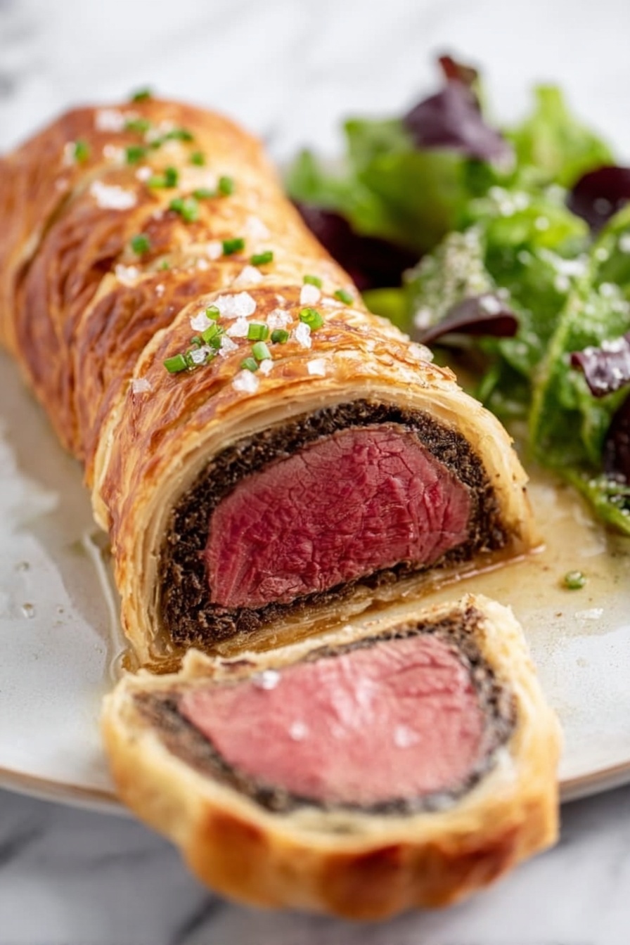 Beef Wellington, Beef Wellington recipe, elegant main course, beef tenderloin wrapped in puff pastry, gourmet dinner ideas - A Beef Wellington loaf is sliced into three pieces showing layers from outside to inside: a shiny golden-brown flaky pastry crust with light flakes scattered around, a thin green herb layer inside the crust, then a rich brown mushroom mixture, and a thick center of pink juicy beef. The three pieces are placed on a wooden board with some green chopped herbs sprinkled on and near them. In the background, there is a small white bowl filled with chopped green herbs and a folded white cloth with a black grid pattern. The scene rests on a white marbled surface. Photo taken with an iphone --ar 2:3 --v 7