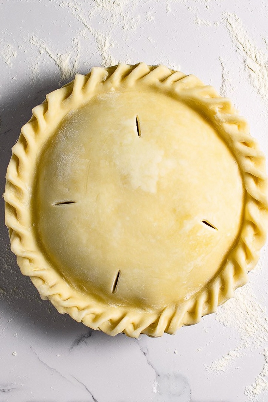 Cheesy Bacon Potato Pie, cheesy bacon potato pie, savory potato pie, bacon and cheese casserole, comfort food recipes - A round pie with one top layer of smooth, light yellow dough, tightly covering the filling beneath. The edge of the pie has a thick, crimped border with a wavy pattern. There are four small, straight slits evenly spaced in the center of the top dough layer for steam to escape. The pie sits on a flat white surface with a white marbled texture, showing some scattered flour nearby. photo taken with an iphone --ar 2:3 --v 7