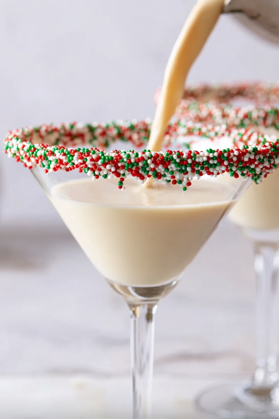 Sugar Cookie Martini, cookie-flavored cocktails, festive dessert drinks, easy holiday cocktails, sweet alcoholic beverages - A clear martini glass sits on a white marbled surface, filled with a creamy beige liquid. The rim of the glass is covered in white, green, and red round sprinkles, adding a festive touch. A woman's hand is pouring more of the same creamy drink into the glass from above. In the blurred background, there is another martini glass with the same drink. photo taken with an iphone --ar 2:3 --v 7