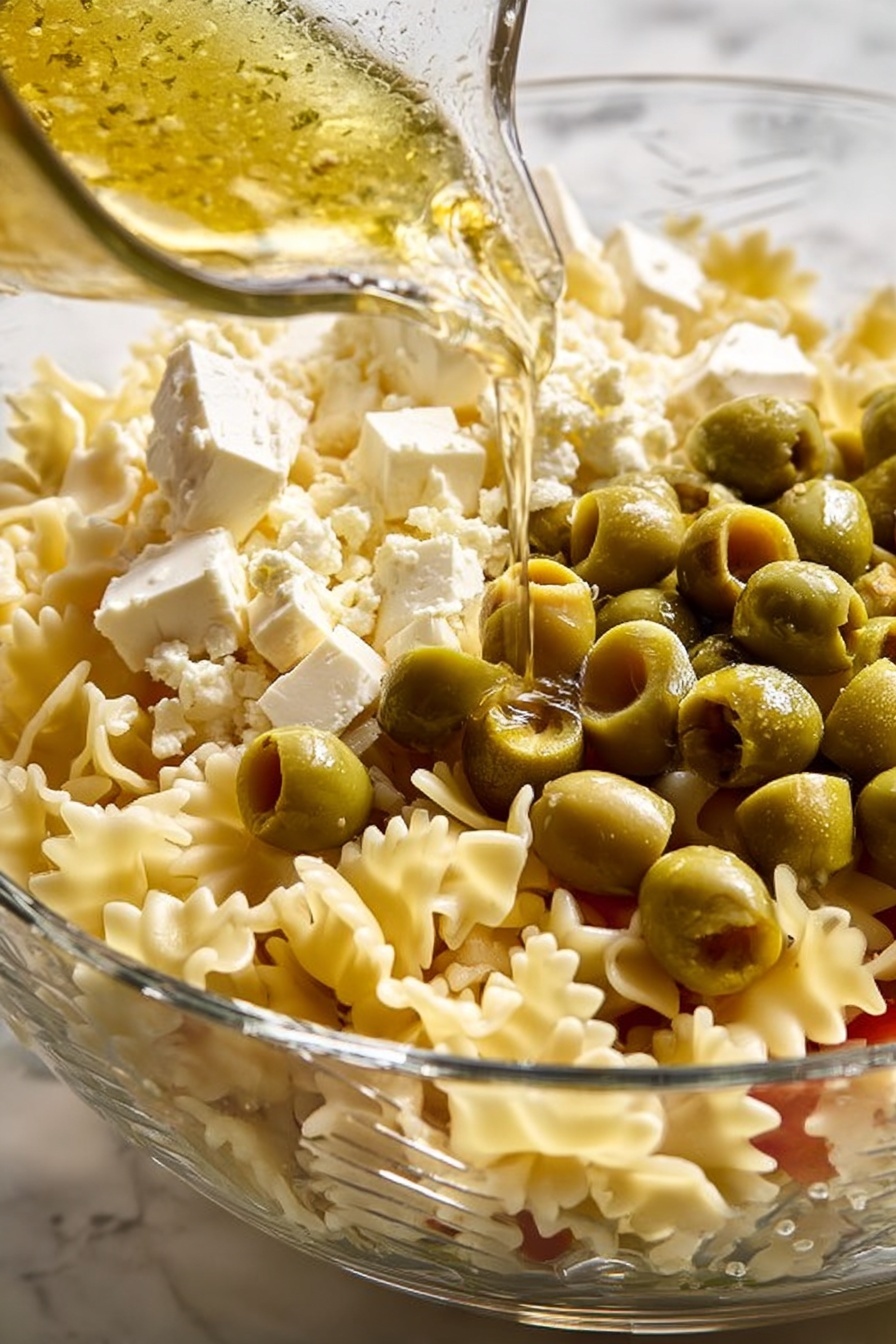 Dirty Martini Pasta Salad, pasta salad with olive brine, gourmet pasta salad, easy cocktail-inspired pasta dish, savory pasta salad recipes - A close-up image shows a clear glass bowl filled with layered pasta salad on a white marbled surface. At the bottom, there is a layer of pale cream-colored pasta with a ruffled edge. On top, there are many green olives, some whole and some sliced, scattered unevenly across the pasta. Next to the olives, there are white chunks of cheese, some with a crumbly texture and others more solid, layered on one side of the bowl. A woman's hand is pouring a light yellow dressing from a small glass container over the salad. The photo is clear and bright, highlighting the fresh ingredients and different textures. Photo taken with an iphone --ar 2:3 --v 7