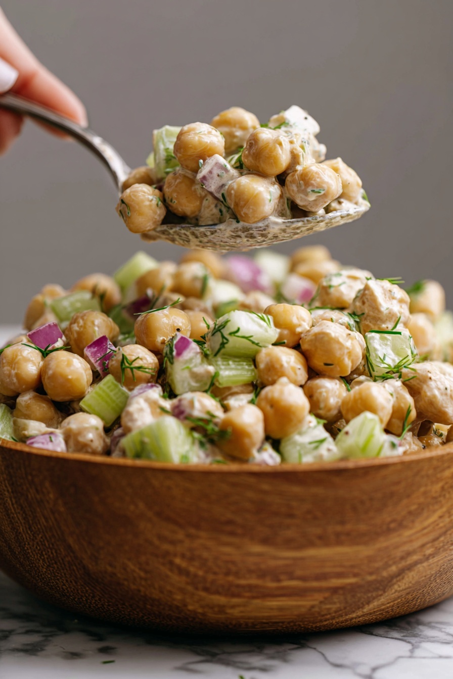 Healthy Tuna Chickpea Salad, Tuna Chickpea Salad, Healthy Lunch Recipes, Quick Healthy Salads, nutritious tuna salad - The image shows a close-up of a chickpea salad served in a wooden bowl placed on a white marbled surface. The salad has three main layers: whole round chickpeas that are light golden and smooth, diced celery pieces that are pale green and crisp, and small bits of red onion adding a touch of purple. The ingredients are mixed with a creamy dressing that lightly coats everything, giving a soft texture. There are also small specks of fresh green herbs evenly spread throughout the salad. A metal spoon is lifting a portion of the salad from the bowl, with a woman's hand holding it, emphasizing the chunky and fresh look of the dish. photo taken with an iphone --ar 2:3 --v 7
