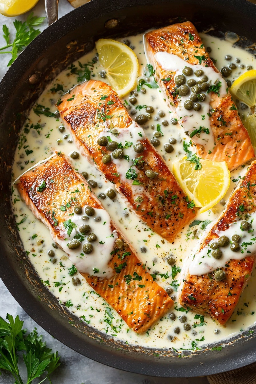 Creamy Salmon Piccata, Salmon Piccata with Lemon and Capers, Elegant Salmon Dinner, Quick Salmon Recipes, Easy Fish Dinner Ideas - The image shows four golden-brown cooked salmon fillets in a black pan filled with a creamy white sauce. The sauce has green capers and is sprinkled with chopped fresh parsley all over. Each fillet is topped with a small wedge of lemon and a drizzle of the creamy sauce. The pan rests on a surface with a white marbled texture, and some parsley leaves are visible near the bottom left corner. The overall look is fresh and rich, with warm orange salmon contrasting the light sauce and green herbs. photo taken with an iphone --ar 2:3 --v 7