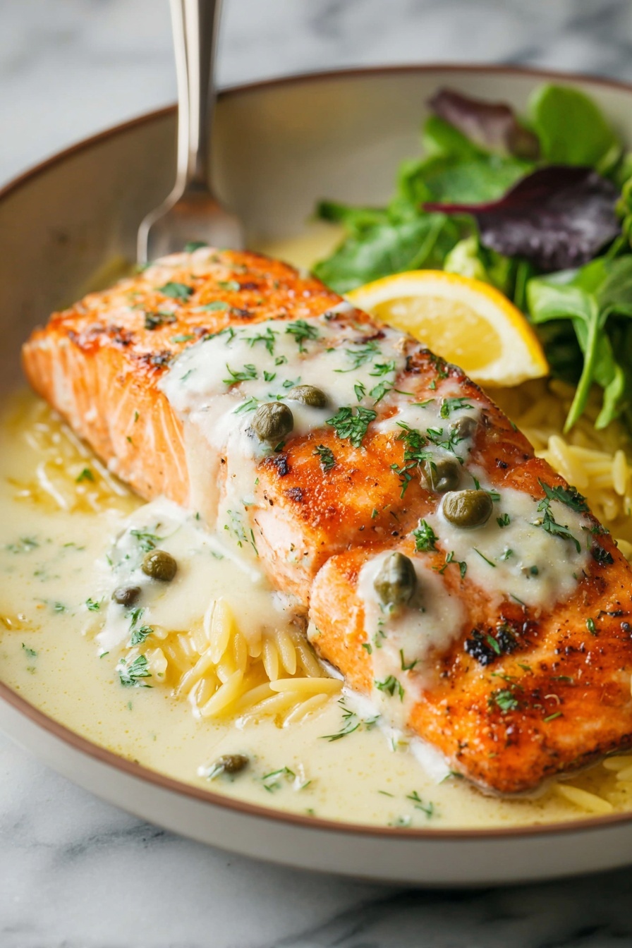 Creamy Salmon Piccata, Salmon Piccata with Lemon and Capers, Elegant Salmon Dinner, Quick Salmon Recipes, Easy Fish Dinner Ideas - The image shows three cooked salmon fillets in a pan with a creamy white sauce. Each fillet is a bright orange color with a slightly crispy, browned surface and is sprinkled with small green herbs. The sauce is thick and white with herbs and pepper mixed inside, covering parts of the salmon and filling the pan around them. There are small lemon wedges, light yellow in color, placed in the sauce near the fillets. A silver spoon is pouring more sauce over one fillet on the right side. The surface underneath the pan is a white marbled texture. Photo taken with an iphone --ar 2:3 --v 7
