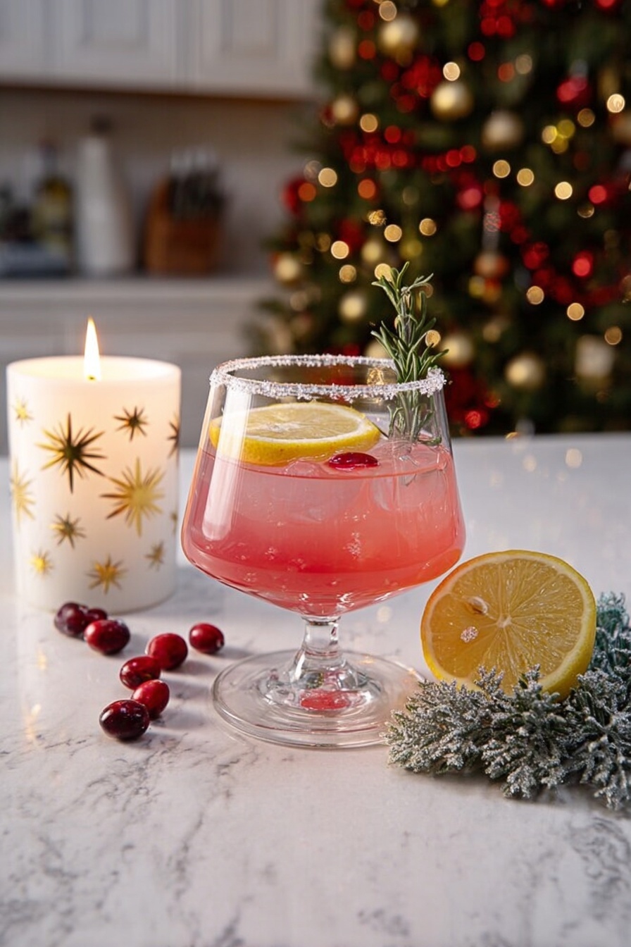 Holiday Lemon Drop Cocktail, festive lemon drop drink, holiday cocktail recipes, cranberry lemon cocktail, easy holiday drinks - A clear glass with a wide bowl holds a pink drink with a sugared rim, a slice of yellow lemon, a small green rosemary sprig inside, and small red berries floating in the drink. The glass stands on a white marbled surface with scattered red berries around it. To the left, there is a lit white candle with gold star designs, and to the right, there is a half lemon and a small green pine branch decorated with red berries and white frost. In the background, a decorated Christmas tree with red and gold round ornaments is visible in a soft kitchen setting. photo taken with an iphone --ar 2:3 --v 7