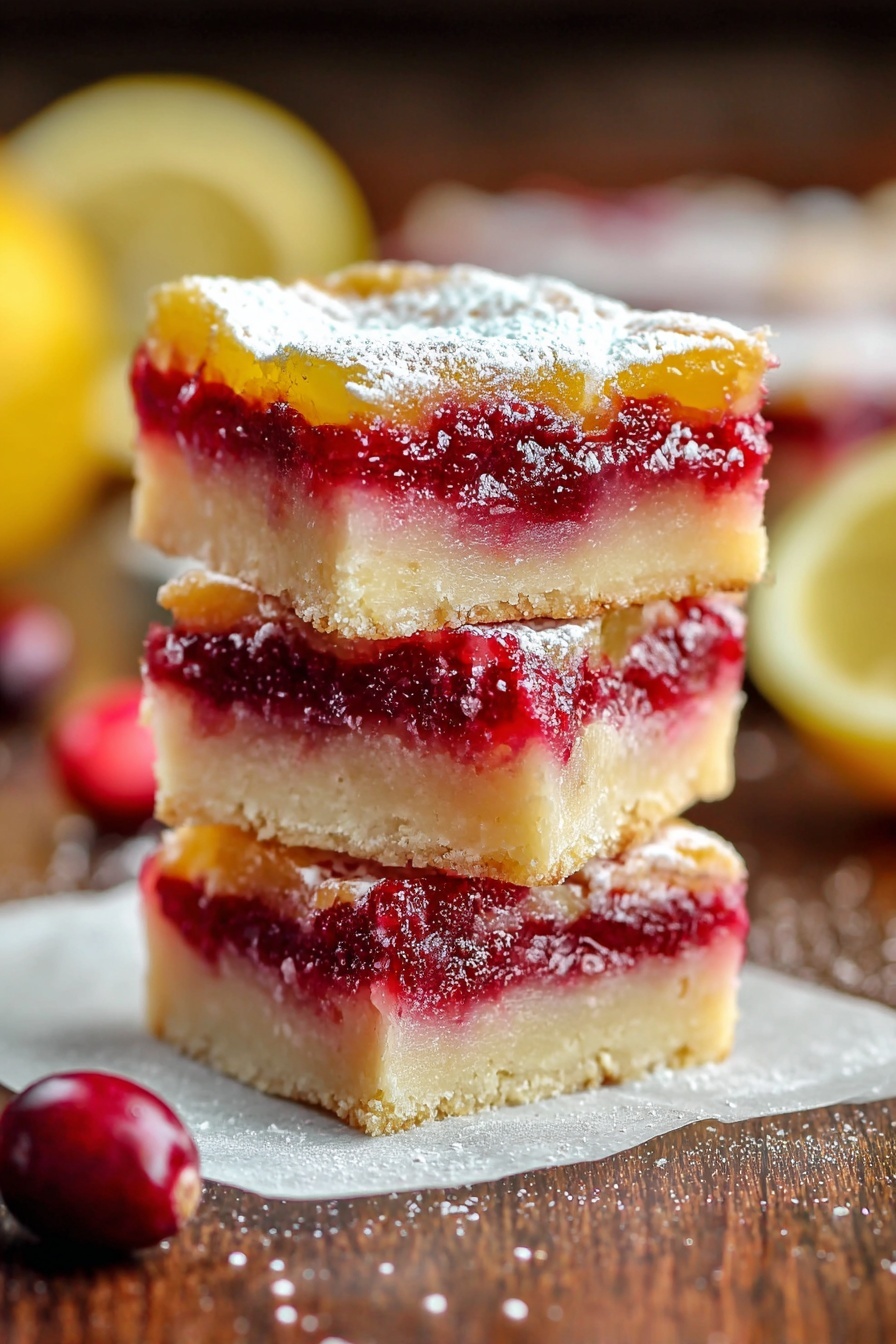Cranberry Lemon Bars, cranberry tart dessert, lemon bars with cranberries, holiday fruit bars, easy citrus dessert - The image shows square lemon cranberry bars with three visible layers: a pale, crumbly crust at the bottom, a bright red cranberry layer in the middle, and a smooth, glossy yellow lemon layer on top. The lemon layer is dusted with a light sprinkle of white powdered sugar. The bars are placed on light brown parchment paper, on top of a wooden surface, surrounded by fresh cranberries and two lemon halves on the left side. The focus is on one bar in the front, with the rest slightly blurred in the background. The scene is warm and natural, with soft light highlighting the texture and colors. photo taken with an iphone --ar 2:3 --v 7