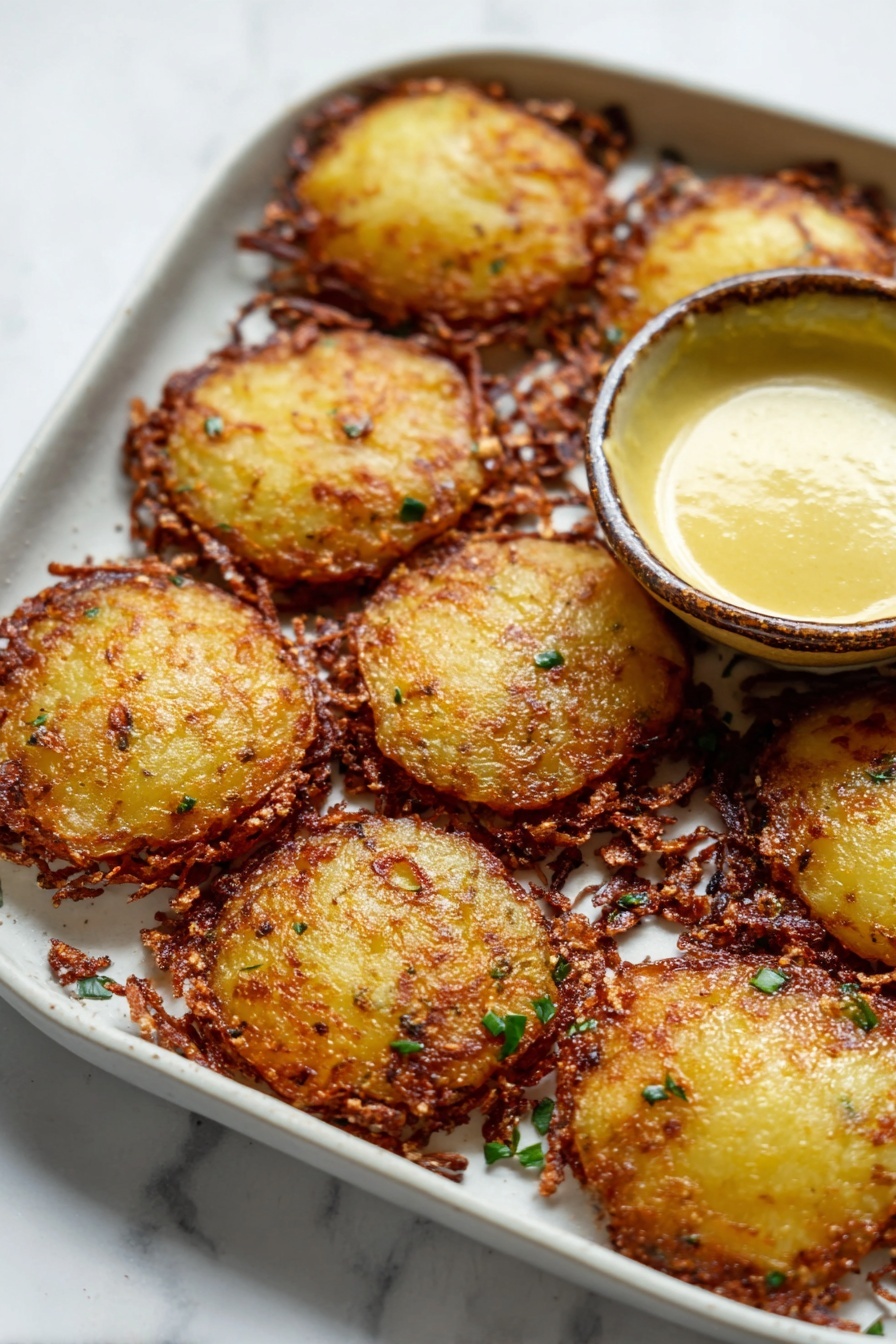 Cheese Crusted Yukon Gold Potatoes, crispy cheesy potato side dish, baked Yukon Gold potatoes with cheese crust, flavorful potato recipes, cheesy roasted potatoes - A white plate holds several crispy, golden-brown potato pancakes with rough, crunchy edges and a slightly patterned surface, sprinkled lightly with green herbs. On the side of the plate, there is a small ceramic bowl filled with smooth, creamy, pale yellow sauce. The plate is set on a white marbled surface, creating a clean and bright background. Photo taken with an iphone --ar 2:3 --v 7