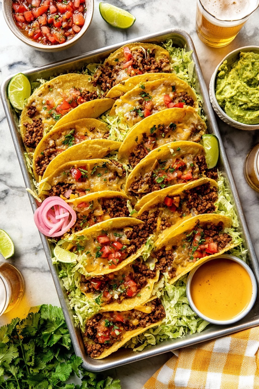 Crispy Baked Beef Tacos with Chipotle Crema, baked beef tacos, easy Mexican dinner, healthy taco recipe, smoky chipotle crema - A metal tray filled with ten soft golden tortillas folded in half, each filled with browned ground meat mixed with melted cheese and topped with small pieces of red tomato and green herbs, all resting on a bed of shredded pale green lettuce. Thin slices of bright pink pickled onions and lime wedges are placed on top and around the tray. On the side are three small white bowls: one with smooth green guacamole, one with red and white tomato salsa, and one with a creamy orange sauce. The tray sits on a white marbled surface with a glass of beer and some fresh green cilantro nearby. A white and yellow checkered cloth partly covers the bottom right corner. photo taken with an iphone --ar 2:3 --v 7