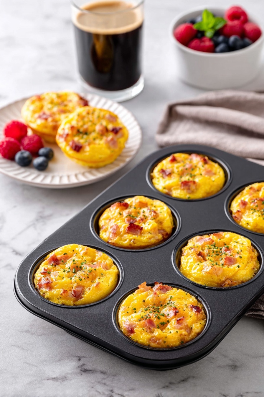 Healthy Egg Bites, healthy breakfast ideas, easy make-ahead breakfast, protein-packed egg bites, nutritious morning recipes - A black muffin tray holds six golden yellow egg muffins, each filled with bits of browned ham and melted cheese, topped with small green herb sprinkles. Nearby, four more egg muffins rest on a white fluted plate, accompanied by fresh red raspberries and blueberries. To the left, a glass of dark coffee with light foam sits on a white marbled surface, and to the right, a small white bowl contains more blueberries and raspberries with a small green mint leaf on top. Photo taken with an iphone --ar 2:3 --v 7