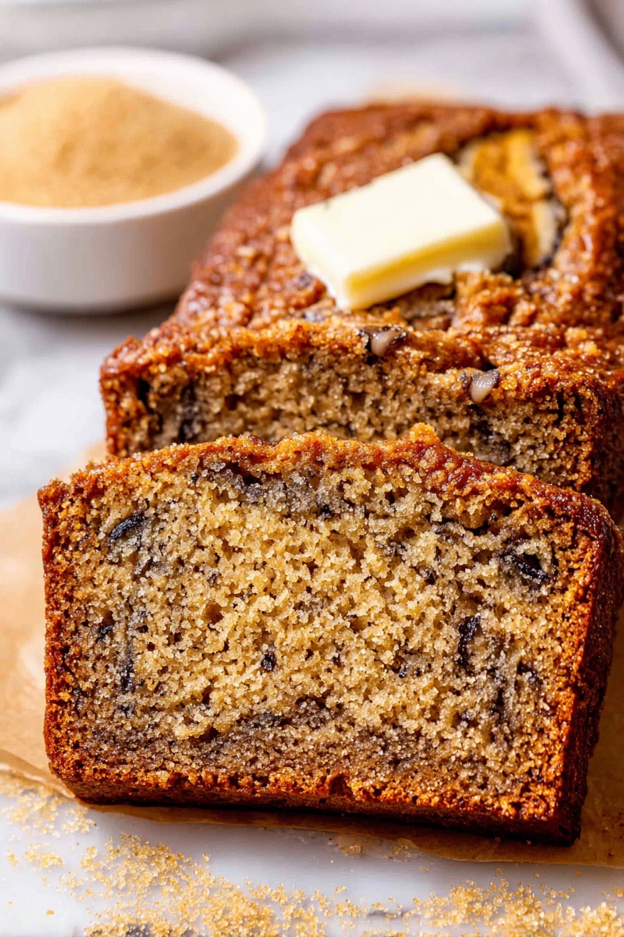 Moist Banana Bread, easy banana bread recipe, soft banana bread, banana bread with ripe bananas, tender banana bread - A close-up view of a single thick slice of nut bread resting on crinkled parchment paper on a white marbled surface. The bread has a rough, golden-brown crust that looks crunchy and textured on top and around the edges. Inside the slice, the soft, moist crumb is light golden with scattered dark pieces of nuts giving a speckled pattern across the slice. The shape is a neat rectangle with slightly rounded corners and the crumb looks dense but tender. In the background, there are some blurred white bowls on the white marbled surface. Photo taken with an iphone --ar 2:3 --v 7