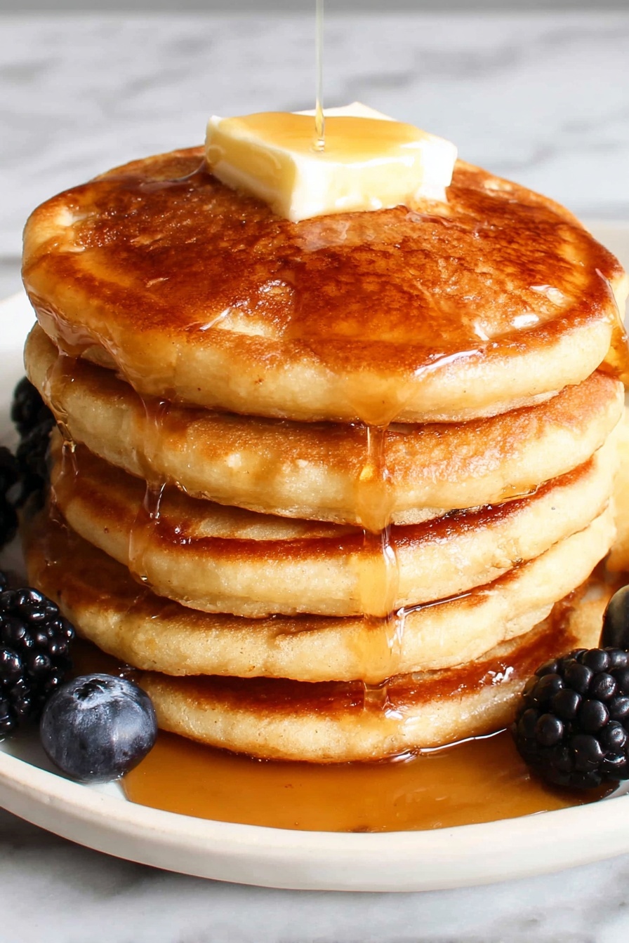 Healthy Greek Yogurt Pancakes, healthy breakfast recipes, protein pancakes, nutritious pancake recipe, easy healthy breakfast - A white plate with four thick golden-brown pancakes stacked closely together, one pancake has a square pat of melting butter on top with syrup dripping over it, another pancake is being drizzled with amber syrup, creating a glossy texture. Around the pancakes are fresh blackberries and blueberries adding dark purple and blue colors as accents. A silver fork lies on the left side of the plate, resting on the white marbled surface. The pancakes have a detailed, slightly crispy edge and soft bubbles on the surface, showing a warm, inviting texture. photo taken with an iphone --ar 2:3 --v 7