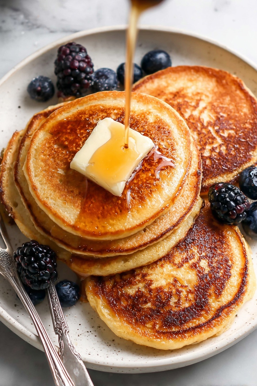 Healthy Greek Yogurt Pancakes, healthy breakfast recipes, protein pancakes, nutritious pancake recipe, easy healthy breakfast - A stack of four thick, golden-brown pancakes with a slightly crispy edge sits in the center of a white plate. The pancakes have a soft, fluffy texture and are topped with a melting pat of butter. Amber syrup flows down the sides, dripping over each pancake layer and pooling at the bottom of the stack. On the left side of the plate, there are plump blackberries and blueberries adding deep purple and blue colors near the base of the stack. To the right, there is part of a pancake topped with an additional pat of butter. The whole scene is set on a white marbled surface. Photo taken with an iphone --ar 2:3 --v 7