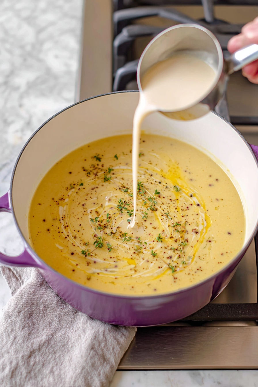 Creamy Leek and Potato Soup, leek and potato soup, comforting potato leek soup, easy creamy soup recipe, silky vegetable soup - A large purple pot with a white inside holds a thick yellow soup or sauce with small dark specks. A woman's hand is holding a metal measuring cup pouring a light cream-colored liquid into the pot. The pot sits on a gas stove, and the background shows stainless steel and white marbled surfaces. The image is bright with natural light. photo taken with an iphone --ar 2:3 --v 7
