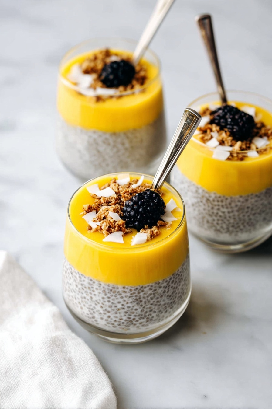 Mango Chia Pudding, healthy mango chia pudding, tropical chia pudding, easy mango chia dessert, quick chia pudding - The image shows three glass cups filled with a two-layer dessert placed on a white marbled surface. Each cup has a thick bottom layer of gray chia pudding with a grainy texture. On top of this is a smooth, bright yellow mango puree layer. Each cup is garnished with a small pile of granola, white shredded coconut, and a single dark blackberry. Shiny silver spoons are placed inside the cups, resting against the edges. Photo taken with an iphone --ar 2:3 --v 7