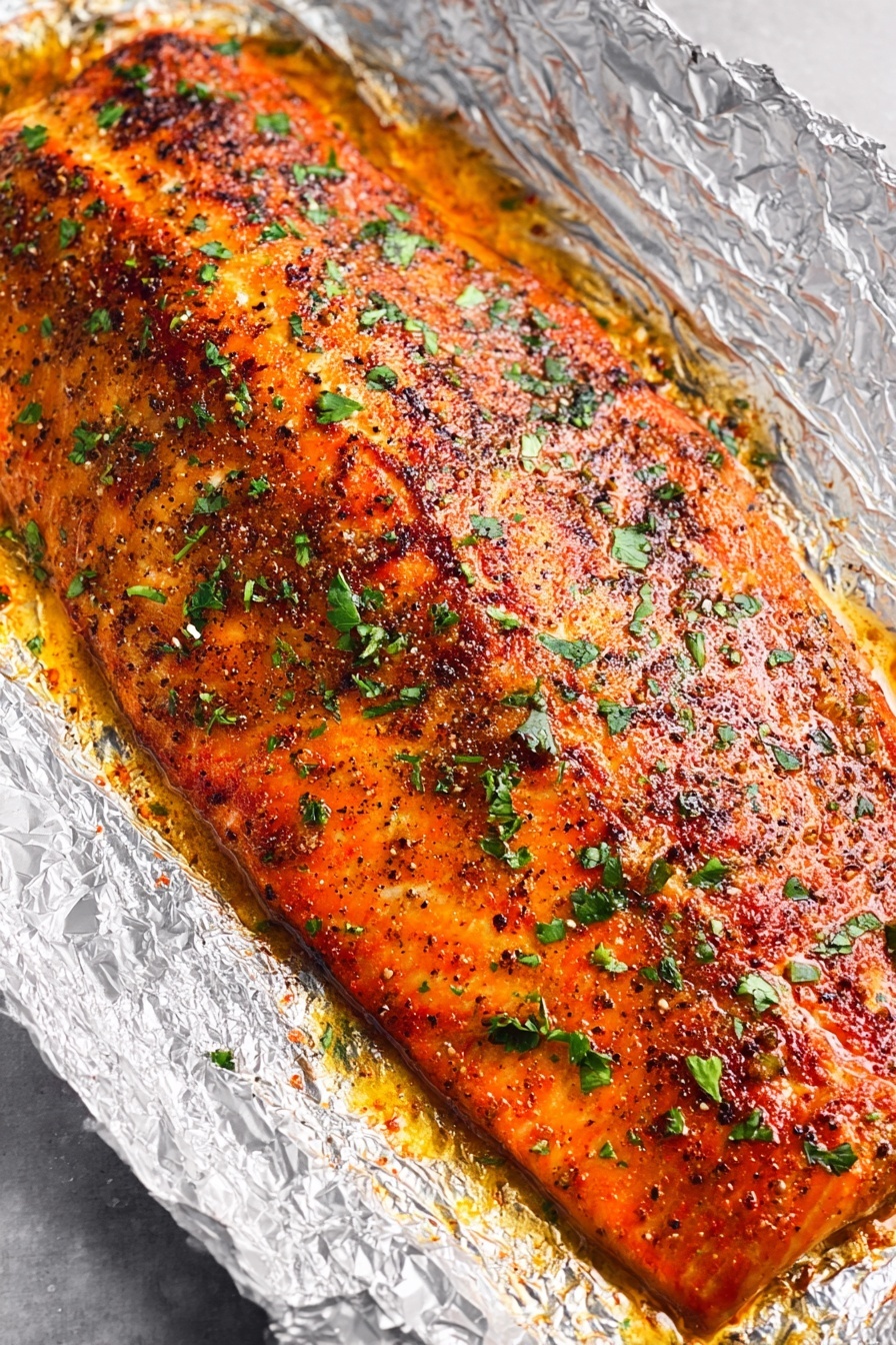 Oven Baked Salmon, baked salmon recipe, easy salmon dinner, healthy salmon dish, flaky salmon fillet - A large piece of cooked salmon lies on crinkled aluminum foil in a baking pan, with a golden-brown seasoned crust on top sprinkled with green herbs. The salmon is flaked in the lower right area, showing moist, soft, pink layers inside with some parts breaking apart. A silver fork rests next to the flaked salmon on the right side. The baking pan sits on a white marbled surface. photo taken with an iphone --ar 2:3 --v 7