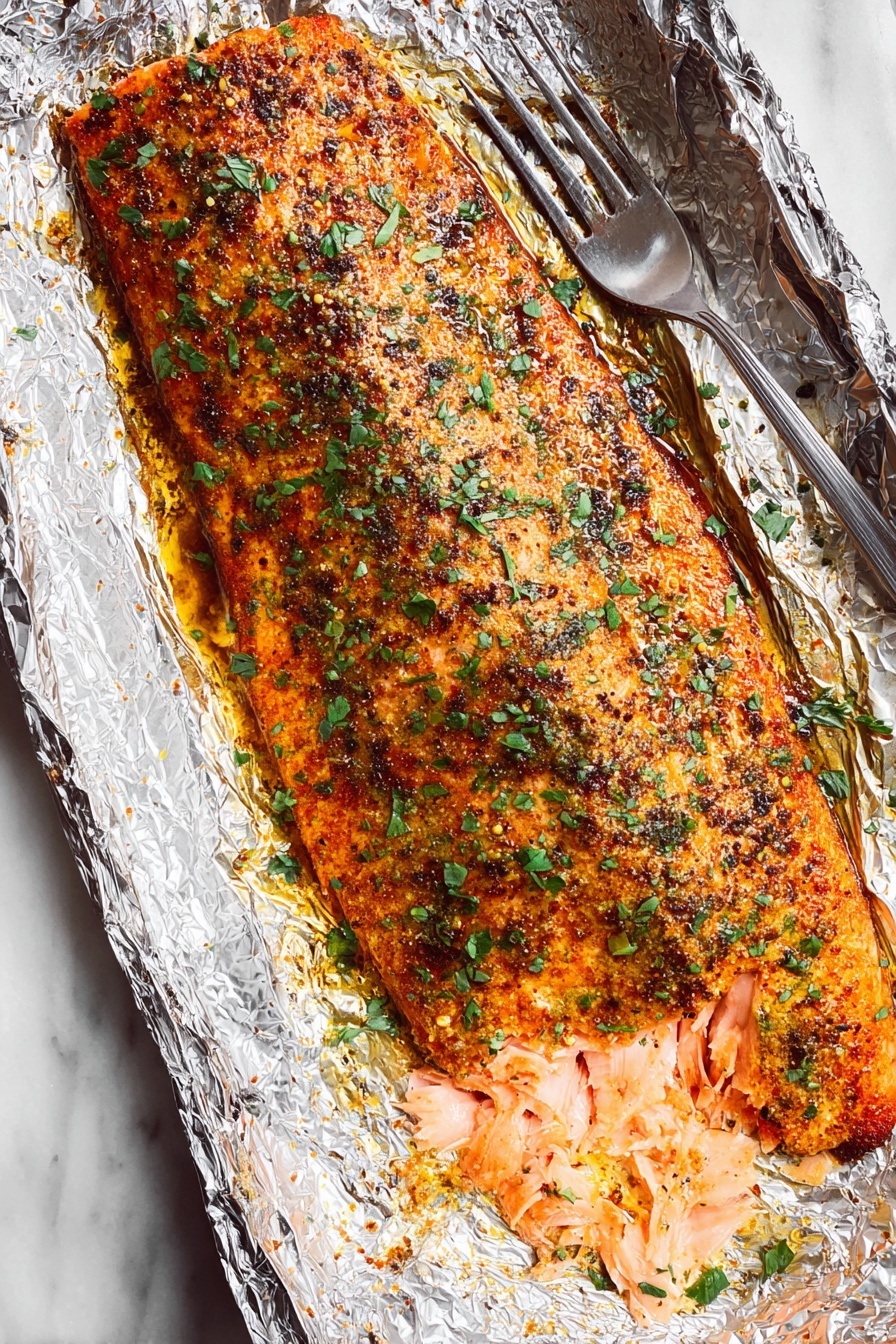 Oven Baked Salmon, baked salmon recipe, easy salmon dinner, healthy salmon dish, flaky salmon fillet - The image shows a close-up of cooked salmon with a crispy, browned spice crust on top. The salmon flakes are visible, showing soft, pink layers underneath the browned surface with some green herb bits scattered on top. The fish is placed on a piece of shiny foil inside a metal baking tray. To the right side, a fork is partially stuck into the salmon, lifting some flakes. The whole scene is set on a white marbled surface with a white cloth nearby, and a woman's hand is holding the tray. Photo taken with an iphone --ar 2:3 --v 7