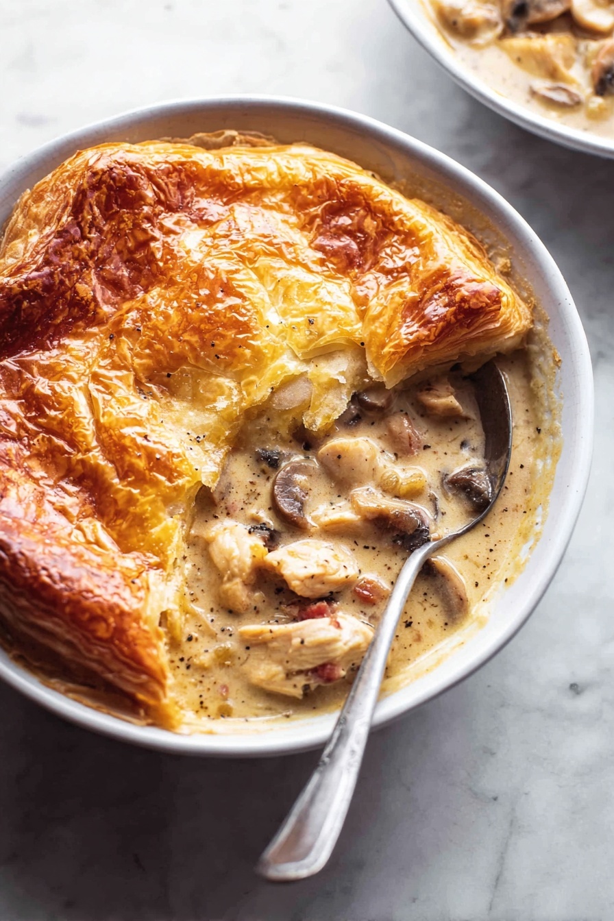 Creamy Chicken and Mushroom Pie, Chicken and Mushroom Pie, Easy Chicken Pie, Flaky Puff Pastry Chicken Pie, Comfort Food Chicken Pie - A white pie dish sits on a white marbled surface holding a golden brown pie with a thick, crispy crust that is puffed and uneven around the edges, showing a deep amber color from baking. One section of the crust has been lifted slightly by a spoon, revealing a creamy filling with chunks of light brown and beige ingredients, some speckled with black pepper. The filling appears smooth and rich, contrasting with the flaky texture of the crust above. photo taken with an iphone --ar 2:3 --v 7