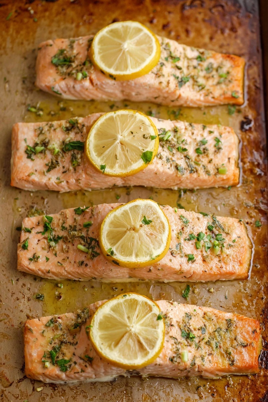 Perfect Baked Salmon with Lemon and Herbs, lemon herb baked salmon, easy baked salmon recipes, healthy salmon dinner ideas, flaky baked salmon - Four cooked salmon fillets lie side by side on a baking tray with a slightly browned surface. Each salmon fillet is light pink with a moist and soft texture, sprinkled with small green herb pieces on top. A thin, round lemon slice with pale yellow color and visible seeds rests on each fillet. The background shows the textured baking tray with some scattered oil and browned bits. photo taken with an iphone --ar 2:3 --v 7