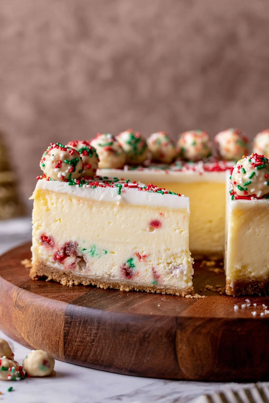 Sugar Cookie Cheesecake with Cookie Dough Bites, cookie dough bites recipe, no-bake cheesecake with cookies, festive dessert ideas, creamy cheesecake with cookie toppings - The image shows a slice of cheesecake on a round wooden board. The cheesecake has three main layers: a bottom crust layer with red and green specks, a thick middle creamy yellow layer with some red and green spots inside, and a thin top layer of cream with red, green, and white sprinkles scattered on it. Around the edge on top, there is a ring of small cookie dough balls with colored sprinkles inside them. The background is a plain soft brown color and the surface is a white marbled texture. Photo taken with an iphone --ar 2:3 --v 7