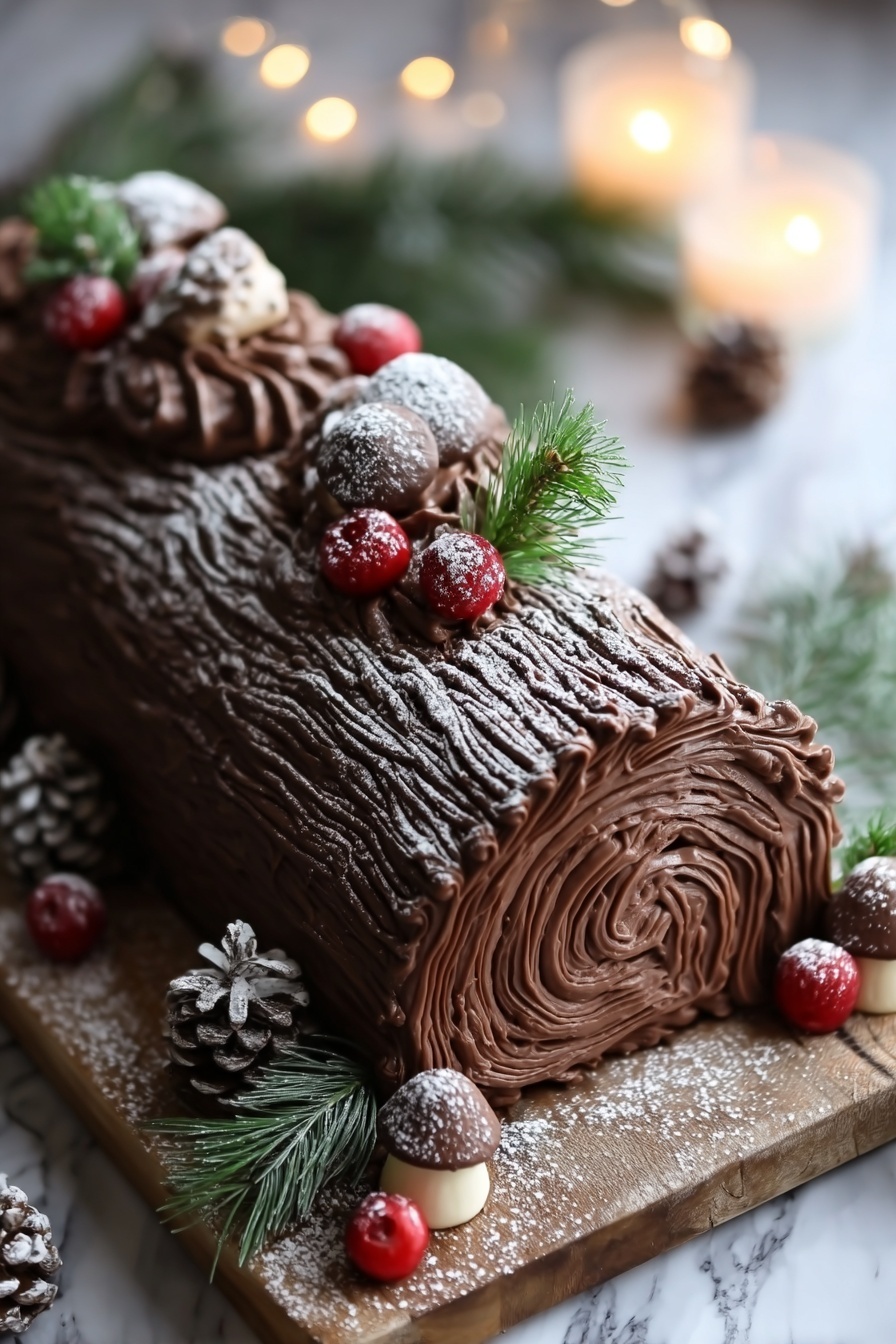Festive Chocolate Yule Log with Cream Filling, holiday chocolate dessert, Christmas yule log recipe, elegant holiday cake, chocolate roulade recipe - A long chocolate log cake sits on a wooden board, decorated to look like a tree trunk. The outside is covered in dark chocolate frosting with textured swirls mimicking tree bark, while the cut end reveals smooth chocolate cream swirled in a circular pattern. Small mushroom-shaped sweets dusted with powdered sugar, bright red berries, and pinecones are placed on top and around the cake for decoration. Sprigs of green pine needles add a festive touch, and soft white candles glow blurred in the background. The whole setup rests on a white marbled surface. photo taken with an iphone --ar 2:3 --v 7