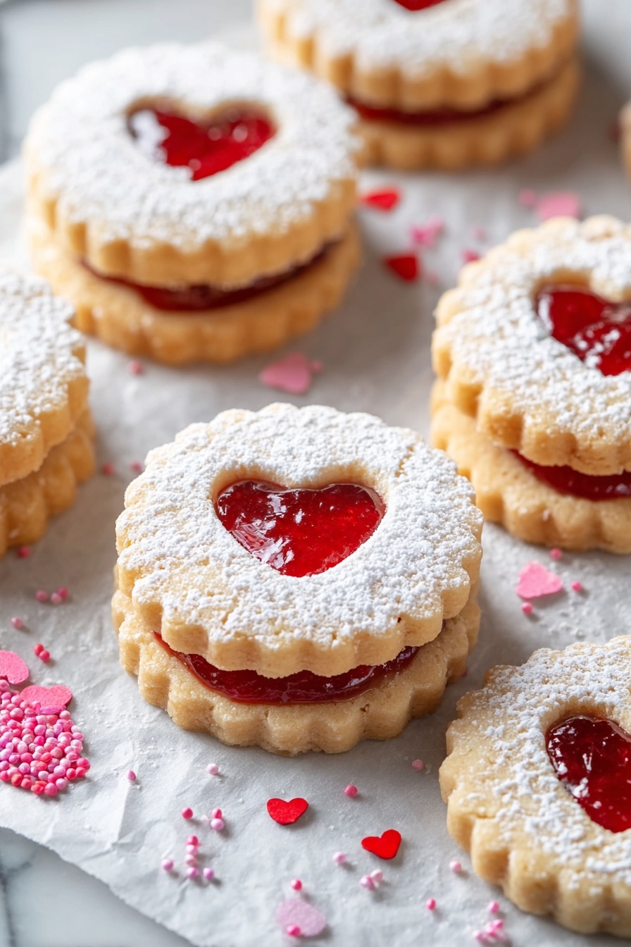 Raspberry Linzer Cookies, raspberry filled sandwich cookies, homemade Linzer cookies, buttery almond cookies, festive holiday cookies - The image shows several round cookies with scalloped edges, stacked in two layers on a metal rack over white parchment paper. Each cookie has two layers: a bottom layer of pale golden dough and a top layer of the same dough dusted with powdered sugar, with a heart-shaped cutout in the center revealing bright red jam inside. The red jam filling is shiny and thick, and small heart-shaped sprinkles in various shades of pink and red are scattered around the cookies on a white marbled surface. A spoon with red jam lies to the side beside a glass jar partially visible, adding a touch of vibrant color. photo taken with an iphone --ar 2:3 --v 7