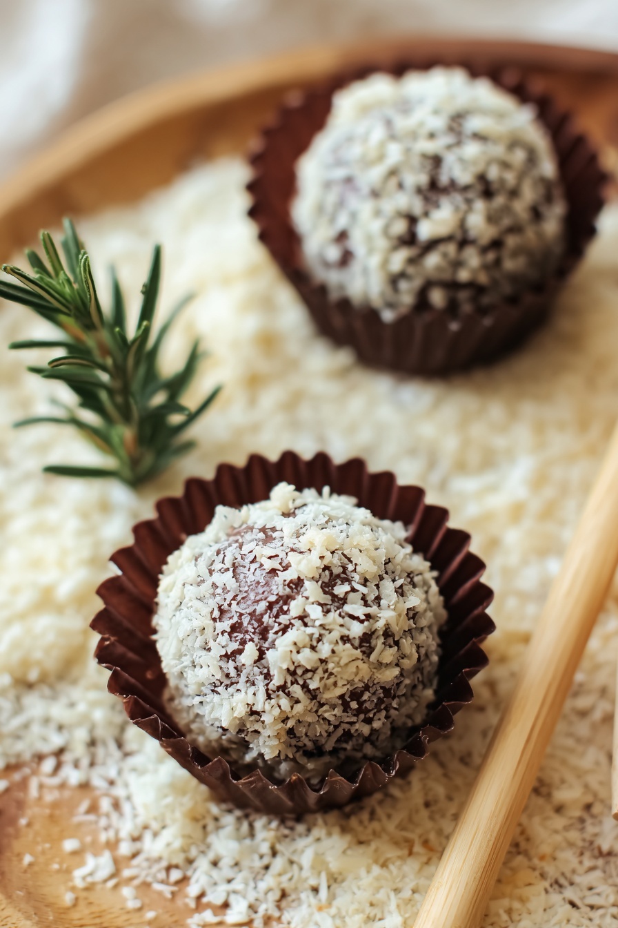 Quick Bourbon Balls, Bourbon Balls recipe, easy bourbon candies, quick holiday desserts, no-bake boozy treats - Two round chocolate balls are each placed inside dark brown ridged paper cups sitting on a bed of light beige shredded coconut flakes. The chocolate balls have rough, crumbly white flakes covering their surfaces unevenly. A small sprig of green rosemary is placed on the left side, adding a touch of color. The background is a soft, light wood texture. Two light wooden sticks rest on the lower right corner. The photo is framed with a light tan border and some small brush stroke designs. Photo taken with an iphone --ar 2:3 --v 7