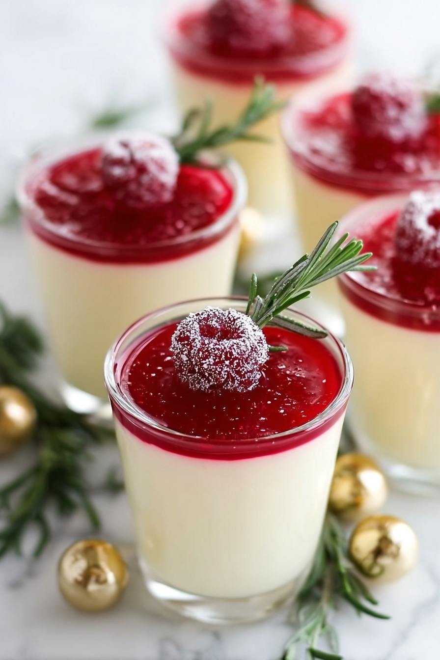 Eggnog Panna Cotta with Cranberry Liqueur Sauce, festive holiday dessert, eggnog panna cotta recipe, holiday panna cotta with cranberry sauce, Christmas dessert ideas - A small clear glass holds a two-layer dessert, with the bottom layer a smooth, pale yellow pudding filling about three-quarters of the glass. On top is a bright red jelly layer, thin but firm, with a sugared red berry placed near the edge. A shiny gold spoon sticks upright from the dessert. The glass sits on a white plate with a small sprig of green herb and a sparkly gold decoration beside it. In the background, there are similar glasses with the same dessert, placed on a white marbled surface, giving a clean and bright look. Photo taken with an iphone --ar 2:3 --v 7
