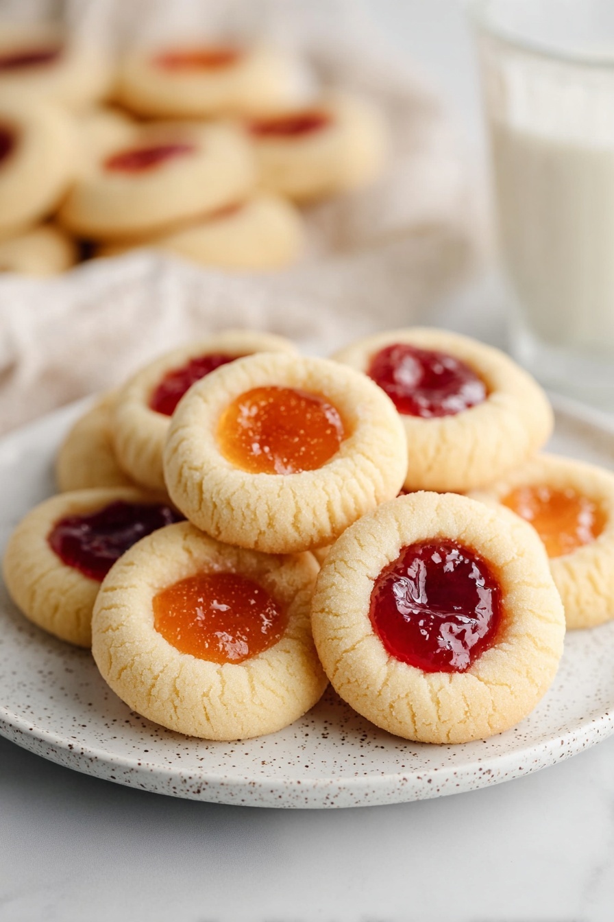 Thumbprint Cookies with Jam, easy thumbprint cookie recipe, fruity thumbprint cookies, homemade jam cookies, soft buttery cookies - The image shows a close-up of a round cookie with a soft beige dough forming a slight dome shape. At the center of the cookie, there is a small pool of shiny orange jam that looks smooth and glossy, sitting slightly below the dough edge. The cookie surface is lightly textured with a crumbly appearance, contrasting with the wet and thick look of the jam. The cookies are placed on a sheet of parchment paper with a light off-white tone. The background and surface have a white marbled look. photo taken with an iphone --ar 2:3 --v 7