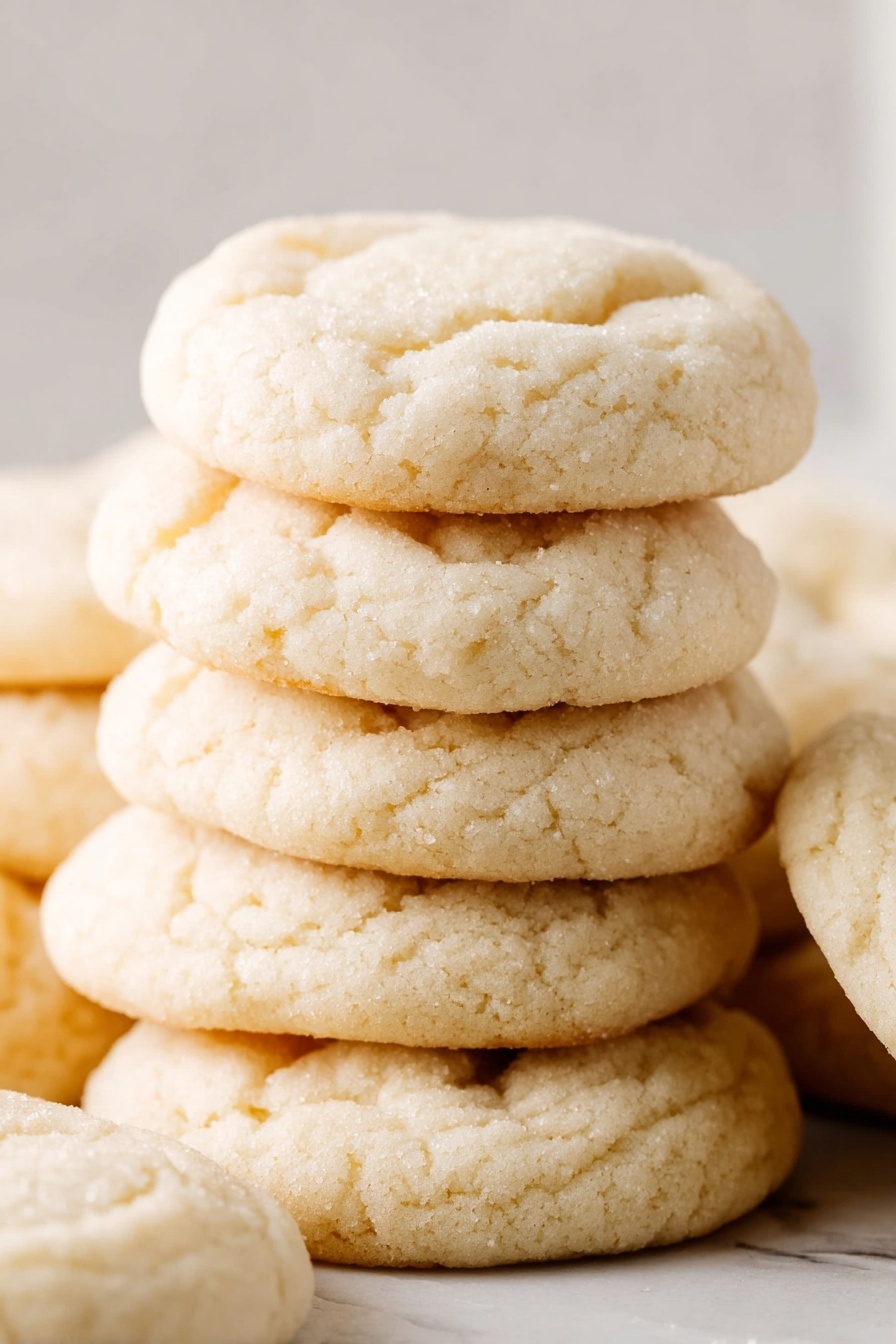 Amish Sugar Cookies, Amish Sugar Cookies recipe, soft Amish sugar cookies, classic sugar cookie recipe, melt-in-your-mouth sugar cookies - The image shows a close-up of several sugar cookies stacked on top of each other. Each cookie has a light golden color with a soft, slightly cracked surface, and a round, somewhat puffy shape. The cookies have a smooth, almost crumbly texture visible on the outside, and the edges show a gentle browning. The cookies are placed on a white marbled surface, filling the frame with no other items or background elements visible. photo taken with an iphone --ar 2:3 --v 7