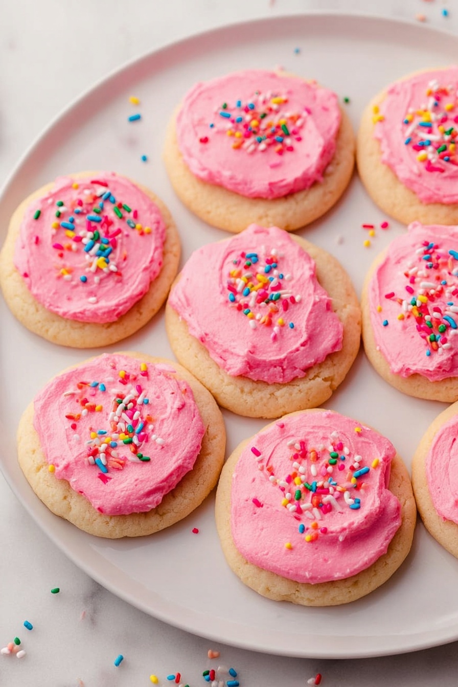 Soft Frosted Sugar Cookies, classic sugar cookie recipe, buttery sugar cookies with frosting, easy homemade sugar cookies, soft cookie with creamy frosting - The image shows a white plate holding nine round cookies, each topped with a thick layer of bright pink frosting. The cookies have a light golden-brown color and slightly rough texture. The frosting is creamy with a smooth, slightly uneven spread on each cookie, sprinkled with colorful rainbow sprinkles in reds, whites, blues, yellows, and greens. The plate sits on a white marbled surface with some sprinkles scattered around the edges. Photo taken with an iphone --ar 2:3 --v 7