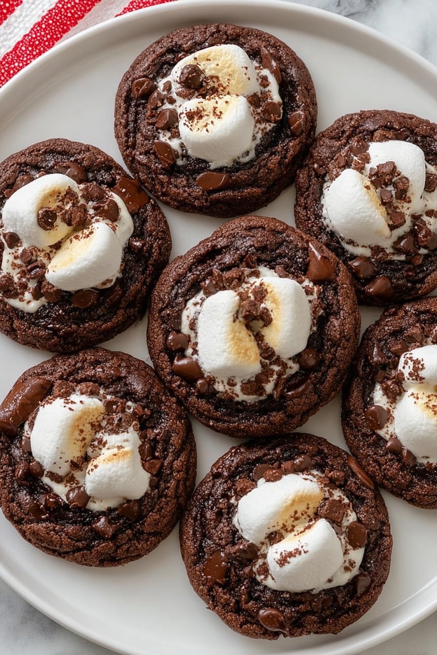 Hot Chocolate Cookies with Marshmallows, chocolate cookies with marshmallows, cozy dessert recipes, easy chocolate cookie recipes, gooey marshmallow cookies - The image shows a white plate filled with seven round chocolate cookies, each topped with a single white toasted marshmallow that has a soft, smooth texture and a slightly browned surface. The cookies are dark brown with visible chunks of melted chocolate scattered across the top, giving a rich and glossy look. The cookies are arranged in a neat group, covering most of the plate. The background is a white marbled surface, and a red and white striped cloth is partially visible in the top left corner. photo taken with an iphone --ar 2:3 --v 7