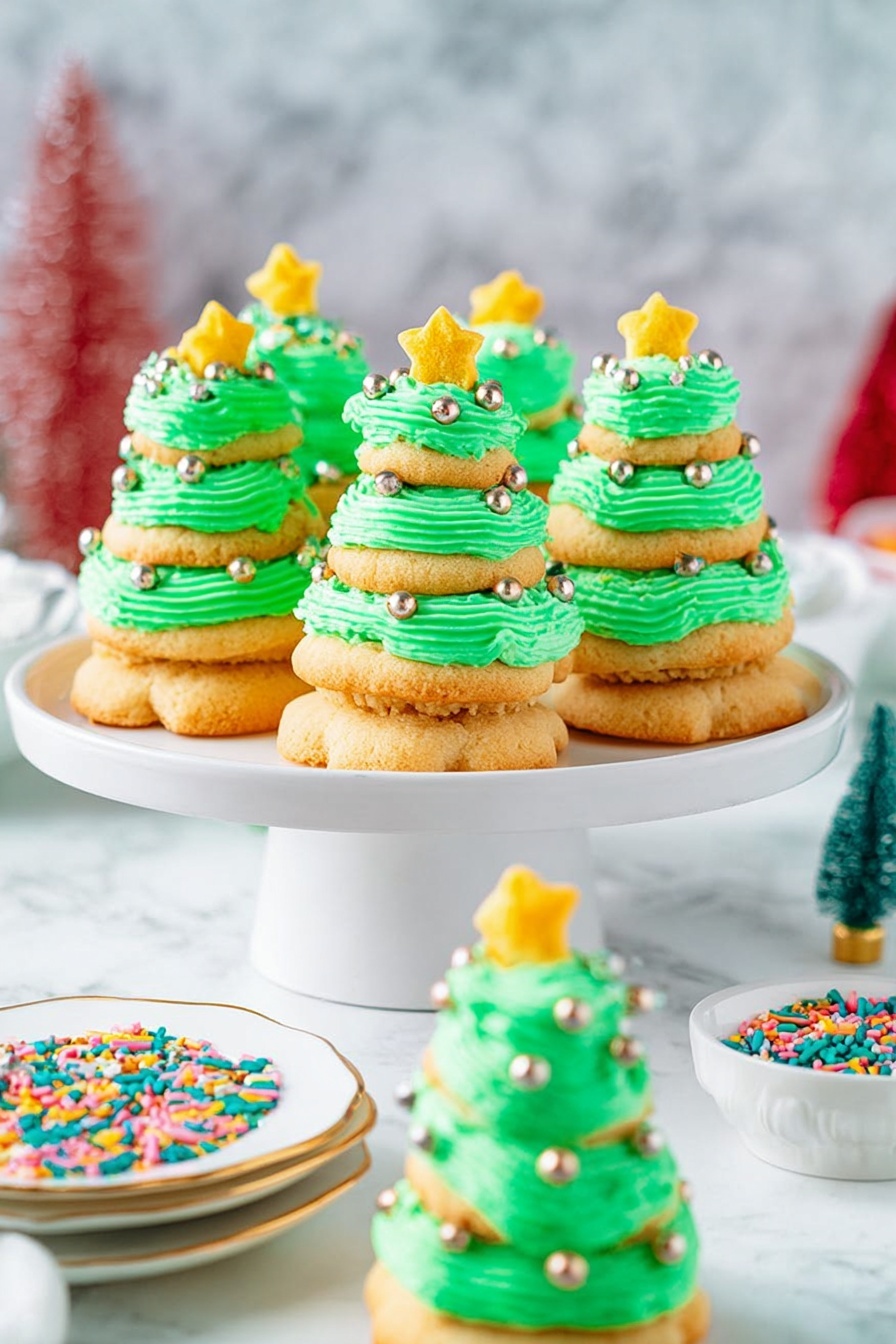 Festive Stacked Christmas Tree Cookies, Christmas cookie decorating ideas, holiday cookie recipes, Christmas baking fun, easy holiday cookie crafts - The image shows small Christmas tree-shaped desserts arranged on a white cake stand. Each dessert has three layers of light brown cookie cakes stacked with bright green frosting between each layer, shaped like swirls to give a tree effect. The top layer of frosting is decorated with small round gold and silver sprinkles, and each tree is topped with a small yellow star candy. In the front lower portion of the image, a few more of these desserts sit on a white plate with a gold rim. To the right, there is a small white bowl filled with colorful star-shaped sprinkles. The background is a white marbled surface with blurred festive decorations in the distance. photo taken with an iphone --ar 2:3 --v 7