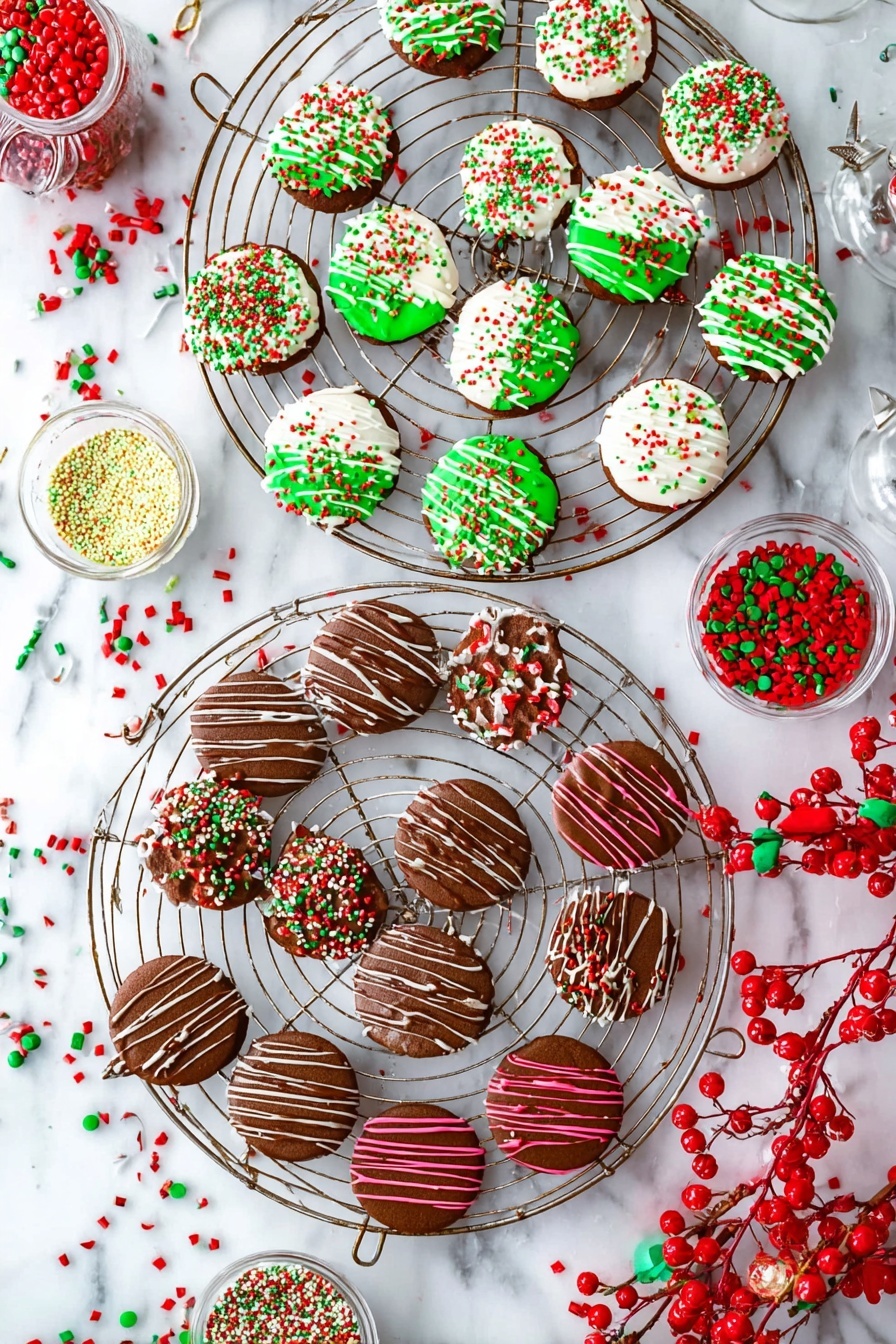 Christmas Chocolate Covered Oreos, holiday Oreo desserts, festive chocolate dipped cookies, easy Christmas cookie recipe, homemade holiday treats - The image shows two round cooling racks on a white marbled surface, each filled with small round chocolate cookies decorated for Christmas. The cookies on the top rack are half dipped in white or green icing with colorful sprinkles in red, green, and white, and drizzled with thin lines of icing. The cookies on the bottom rack are covered with chocolate icing and topped with various sprinkles in festive colors like red, green, and white. Some have small red and green candy pieces, while others have thin pink icing stripes. Around the racks, there are small bowls filled with red and green sprinkles and candy, along with light bulbs filled with colorful decorations and red berry garlands. photo taken with an iphone --ar 2:3 --v 7