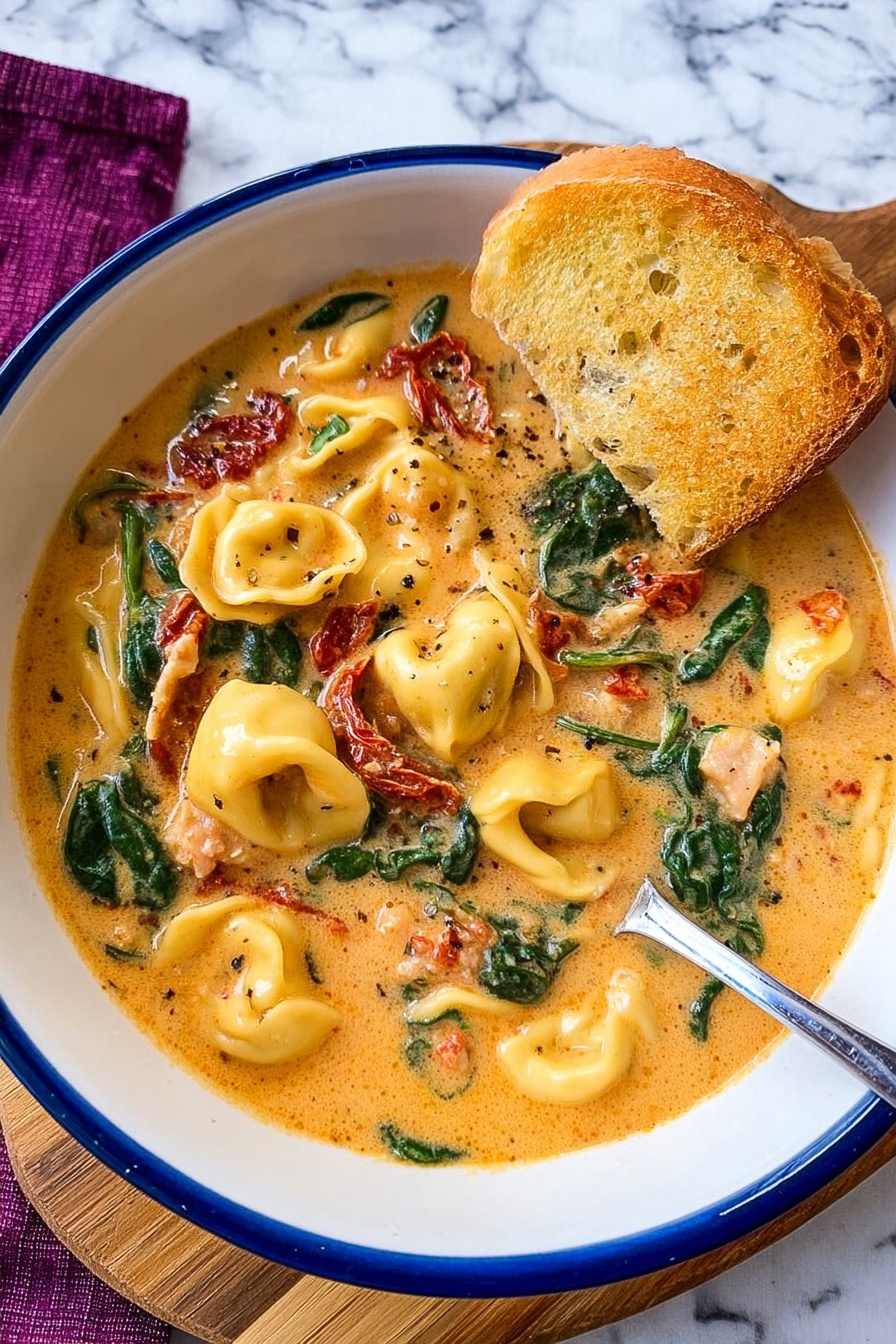 Creamy Tuscan Chicken Soup, Tuscan chicken soup, easy creamy chicken soup, hearty comfort food recipes, Italian-inspired chicken soup - A white bowl with a blue rim contains creamy orange soup filled with tortellini pasta, green spinach leaves, red sun-dried tomatoes, and chunks of white meat. A slice of golden toasted bread stands resting inside the bowl, partially dipped into the soup. A silver spoon is placed inside the bowl on the right side, slightly covered by the soup. The bowl sits on a wooden board with a white marbled surface background and a purple cloth visible at the top edge of the image. Photo taken with an iphone --ar 2:3 --v 7