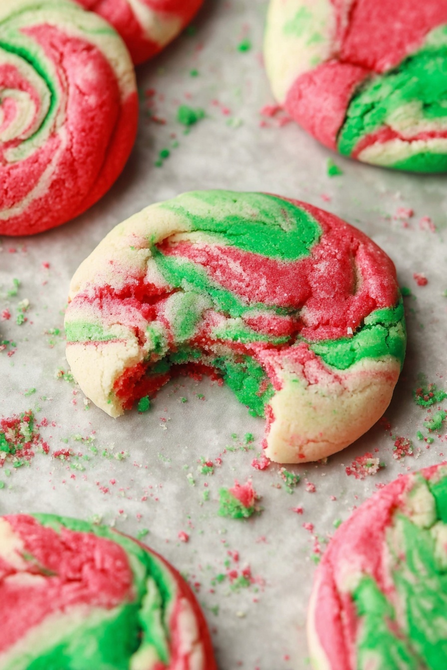 Christmas Cheesecake Cookies, holiday cheesecake cookies, festive cheesecake cookies, peppermint cheesecake cookies, marbled holiday cookies - The image shows several round cookies with swirls of red, green, and white colors on a baking tray. One cookie is broken in half, showing its soft inside with the same bright red and green swirls mixed with white dough. The cookies have a slightly wrinkled texture and uneven edges, with the colors blending in a marbled pattern. The background is a white marbled texture photo taken with an iphone --ar 2:3 --v 7