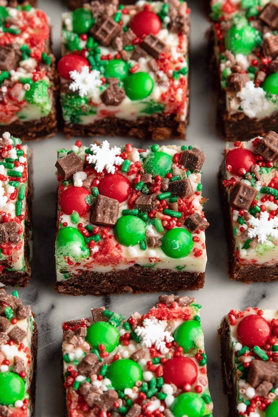Christmas Magic Layer Brownie Bars, festive holiday brownie bars, Christmas dessert recipes, layered brownie recipe for Christmas, holiday treat ideas - This image shows nine square pieces of dessert arranged closely on a white marbled surface. Each piece has three visible layers: a dark brown base layer that looks like a brownie, a thick middle layer of creamy white frosting, and a top layer filled with red and green round candies, chocolate chunks, small white snowflake shapes, and red, green, and white sprinkles scattered evenly. The candies and toppings cover the entire surface of each square, making the top layer colorful and festive. photo taken with an iphone --ar 2:3 --v 7