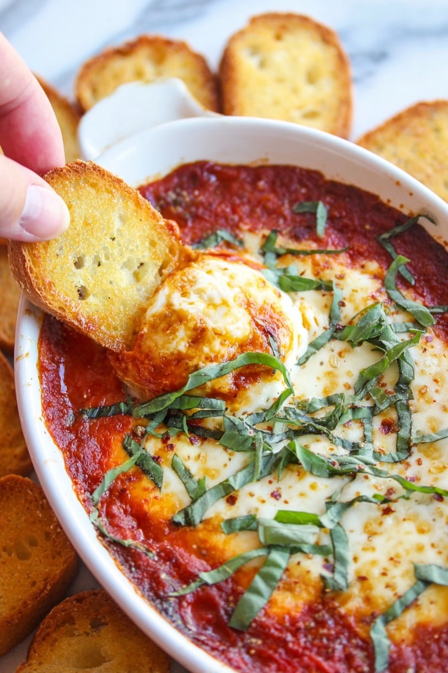Baked Goat Cheese and Marinara Dip, goat cheese appetizer, creamy baked dip, easy party appetizers, cheesy tomato dip - A close-up image shows a white oval dish filled with a tomato sauce layer that is thick and red, topped with a baked layer of melted cheese that is golden and slightly browned. Thin strips of fresh green basil are scattered over the cheese and sauce, adding a fresh touch. A woman's hand is dipping a small, golden toasted bread slice into the sauce on the left side of the dish. The dish is placed on a white marbled surface with more toasted bread slices visible around it. photo taken with an iphone --ar 2:3 --v 7