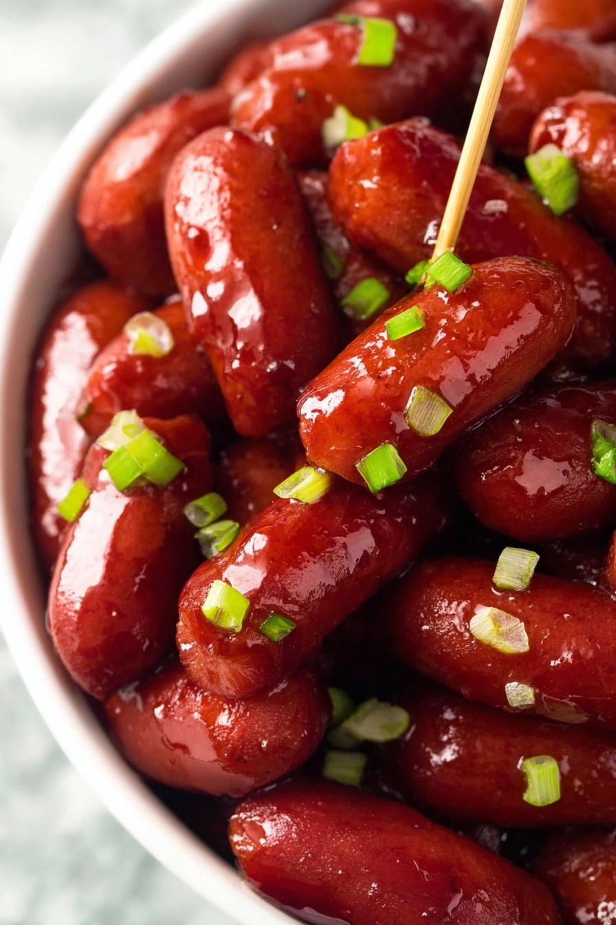 Slow Cooker BBQ Little Smokies, BBQ Little Smokies recipe, easy slow cooker snacks, game day appetizer ideas, smokie sausage appetizer - A close-up view of a white bowl filled with small red sausages covered in a shiny sauce. The sausages are packed closely together, some skewered with a wooden toothpick standing upright in the center. Small pieces of bright green chopped scallions are sprinkled evenly over the sausages, adding a fresh touch. The glossy texture of the sauce highlights the smooth surface of the sausages, making them look juicy and flavorful. The bowl is placed on a surface with a white marbled texture photo taken with an iphone --ar 2:3 --v 7