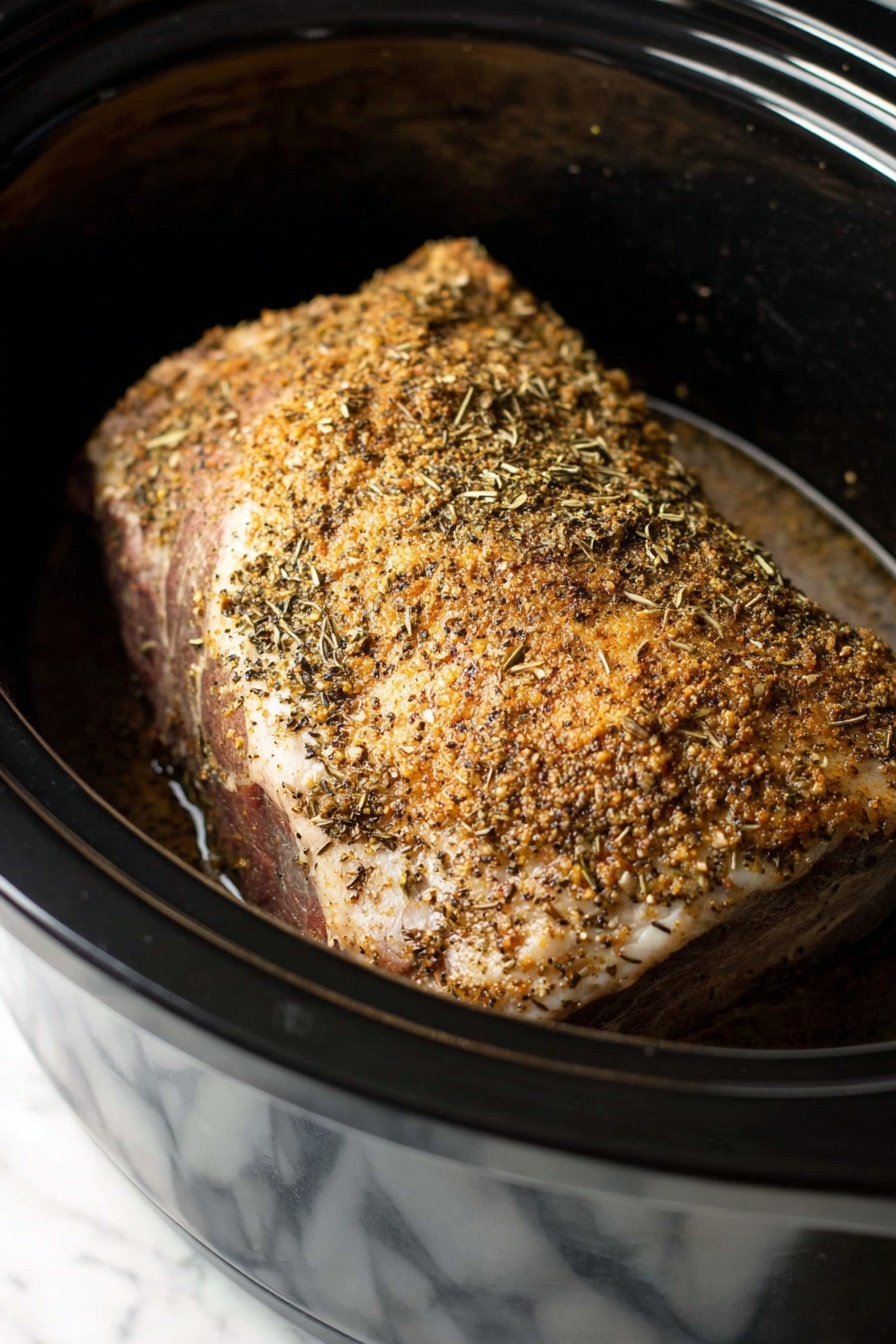 Crock Pot Pork Roast, easy pork dinner, slow cooker pork recipe, tender pork roast, comforting pork dish - A large piece of meat covered with a crumbly spice and herb coating sits inside a black slow cooker. The meat has a light golden-brown color with visible small black and green herbs pressed into the crust. The slow cooker has a smooth shiny surface on the inside, creating a contrast with the rough and textured meat. The cooker is set on a surface with a white marbled pattern that is barely visible at the bottom edge of the image. The lighting highlights the spices and texture on the meat, making it look tender and well-seasoned photo taken with an iphone --ar 2:3 --v 7