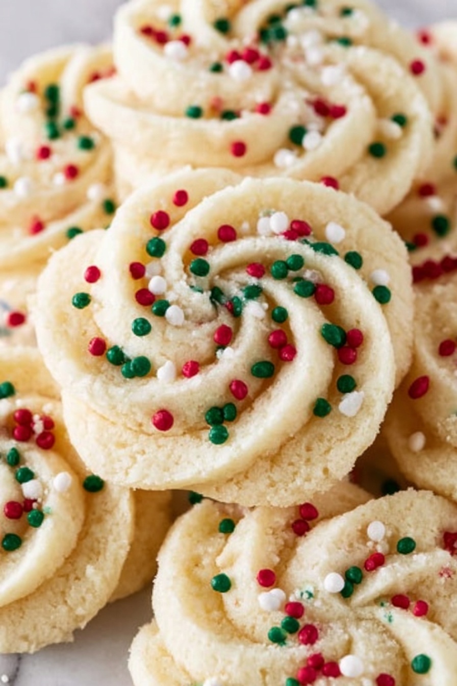 Butter Cookies, Easy Butter Cookies Recipe, Buttery Cookie Recipe, Classic Butter Cookies, Soft and Crispy Butter Cookies - A clear glass plate sits on a white marbled surface filled with round cookies in a swirl pattern with soft beige color. Each cookie is topped with tiny round sprinkles in red, green, and white, adding a festive touch. The cookies have a textured, slightly crumbly look with neat, spiraled ridges, arranged closely together and overlapping a bit. The background shows some blurred green pine branches and golden ornaments, hinting at a holiday setting. photo taken with an iphone --ar 2:3 --v 7