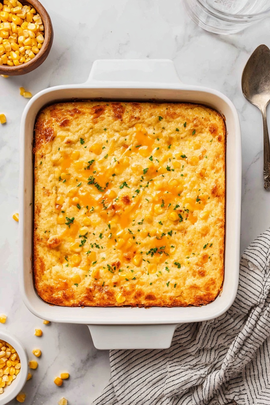 Creamy Cheddar Cornbread Casserole, cheesy cornbread bake, comforting cornbread casserole, easy cheesy corn casserole, sweet and savory cornbread dish - A square white baking dish holds a golden casserole with a slightly crispy top layer dotted with whole yellow corn pieces and melted orange cheese. The casserole surface is sprinkled with small bits of green herbs, giving a fresh contrast to the warm colors. The sides of the dish show the casserole's thick, soft texture, with a light brown crust along the edges. The casserole is set on a white marbled surface, with some loose corn kernels scattered nearby, a small bowl of corn to the left, a striped cloth napkin below, and a spoon to the right. Photo taken with an iphone --ar 2:3 --v 7