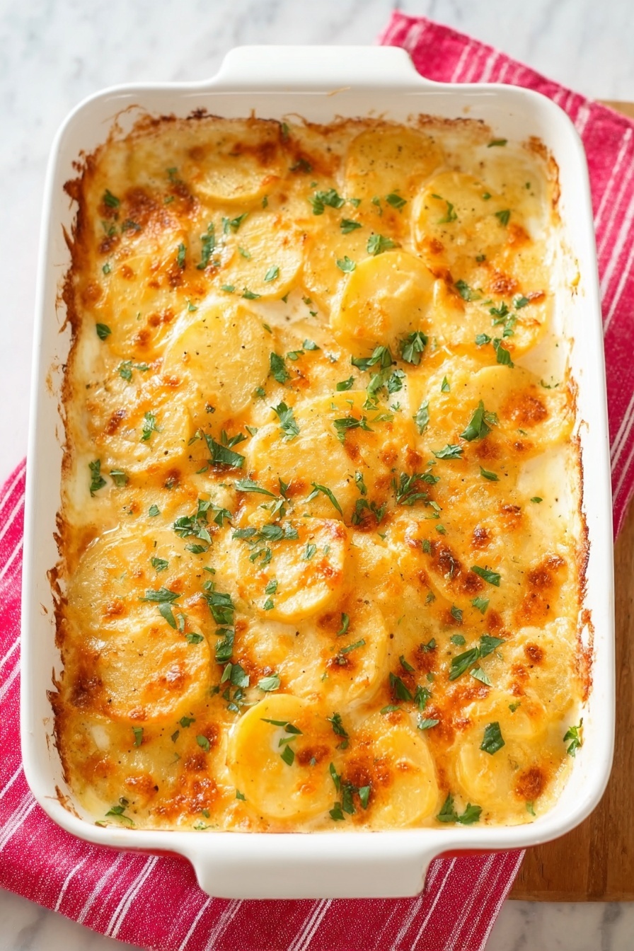 Cheesy Scalloped Potatoes, cheesy scalloped potatoes recipe, creamy scalloped potatoes, baked potato side dish, comfort food recipes - A white rectangular ceramic dish filled with baked scalloped potatoes. The dish has one thick visible layer of sliced potatoes cooked in a creamy sauce with a golden-brown cheesy top. The cheese is melted and slightly browned, covering the round potato slices with some sprinkled green parsley leaves on top for garnish. The dish rests on a pink cloth with red stripes on a white marbled surface. Photo taken with an iphone --ar 2:3 --v 7