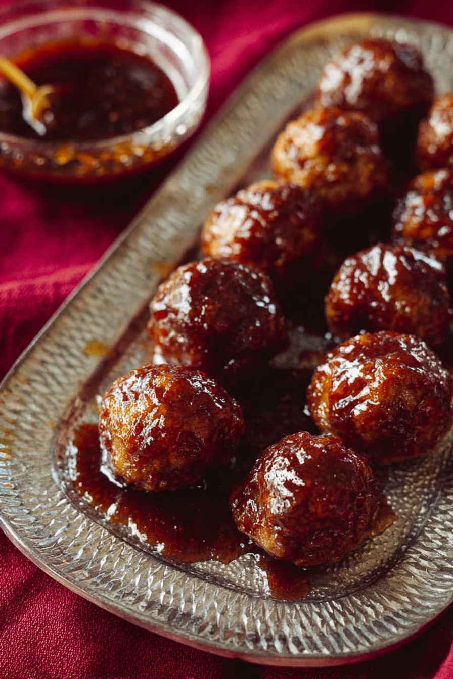 Korean Gochujang Meatballs, spicy meatball recipe, Korean-inspired meatballs, easy Asian meatballs, Gochujang meatball glaze - A metal tray with shiny, patterned surface holds several small, round meatballs covered in thick dark brown sauce that looks sticky and glossy. The meatballs are placed close but not touching, with one meatball on the near edge of the tray sitting in a small pool of sauce. On the left side of the tray, there is a small glass bowl partly visible, filled with the same dark brown sauce. The tray sits on a deep red cloth, and the overall lighting shows shine on the sauce and texture on the meatballs. photo taken with an iphone --ar 2:3 --v 7
