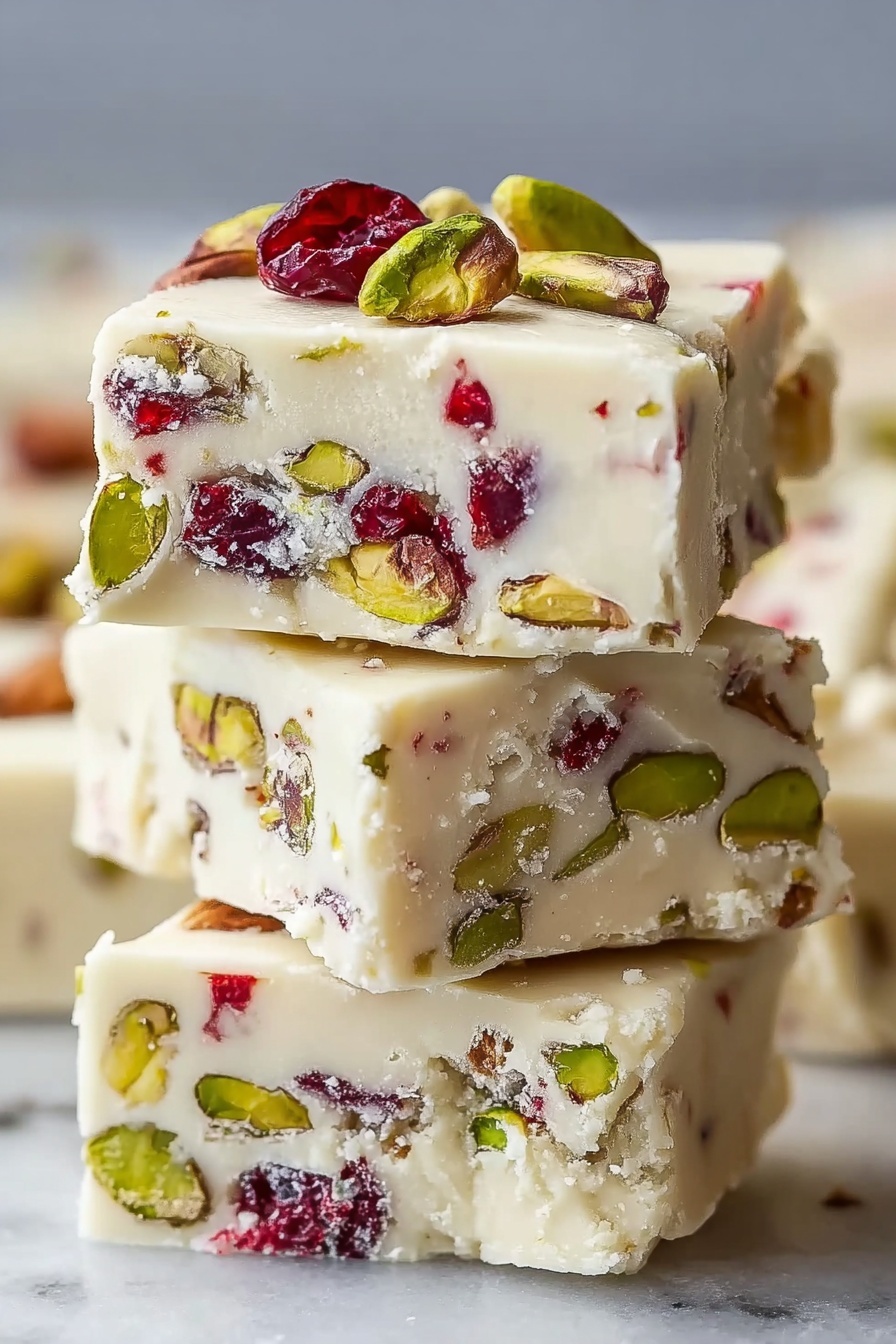 Cranberry Pistachio Shortbread Cookies, holiday shortbread cookies, easy shortbread recipe, festive cookies with cranberries and pistachios, buttery shortbread dessert - The image shows three square white fudge pieces stacked on a round white plate. Each piece is creamy with bits of green pistachios and red dried cranberries inside. The top piece has a light white glaze with whole pistachios on top. The fudge texture looks smooth but thick. Some pistachios and cranberry bits are scattered on the plate around the stack. The background is a white marbled texture. photo taken with an iphone --ar 2:3 --v 7