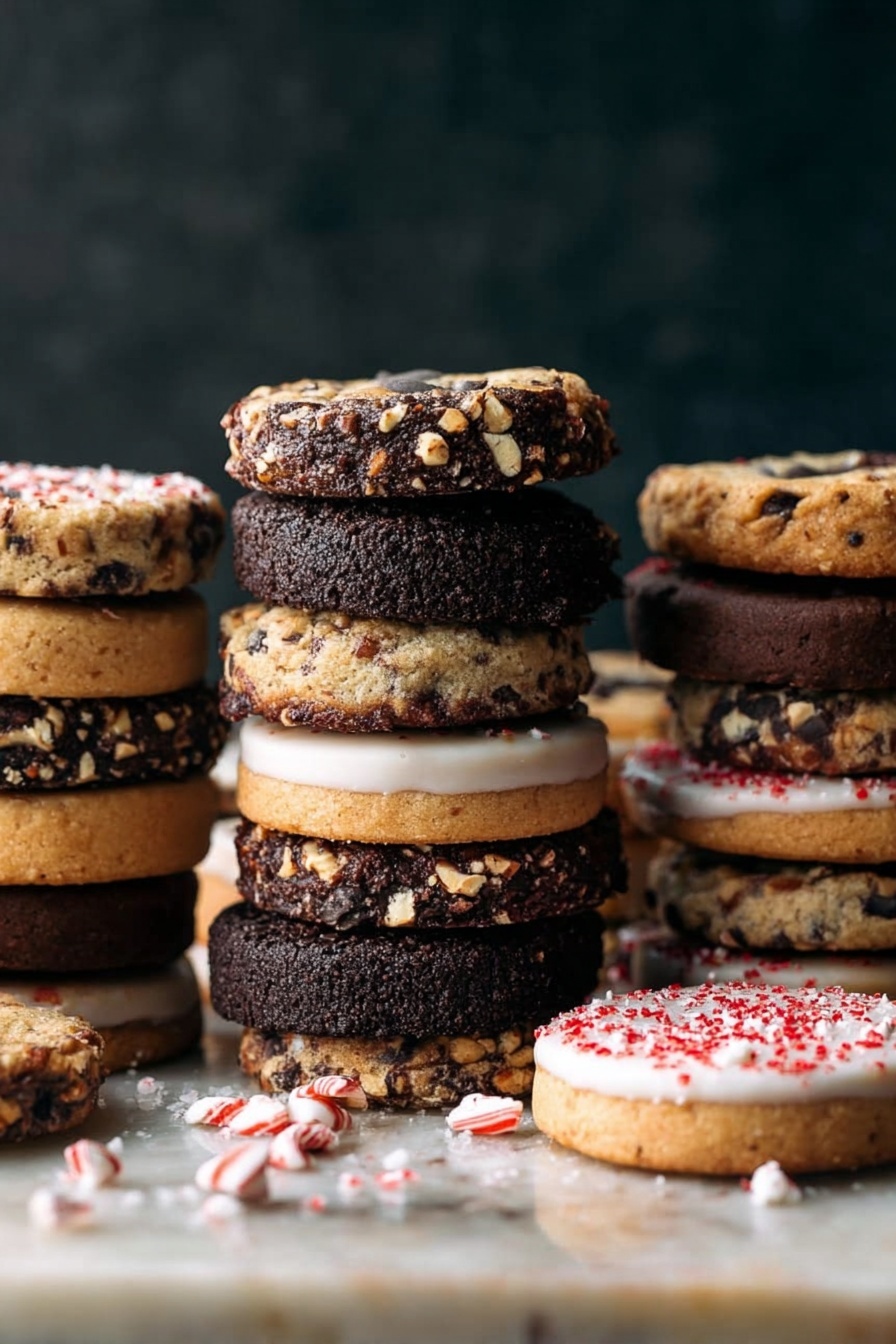 Slice and Bake Cookie Medley, easy cookie mix, multi-flavor cookie recipe, last-minute dessert ideas, versatile cookie dough - There are three stacks of cookies on a white marbled surface. The left stack shows layers of light brown cookies and dark brown cookies with chopped nuts, alternating. The middle stack features five layers, starting from the top with a dark cookie with chopped nuts, then a light brown cookie with chocolate bits, another light brown cookie, a dark cookie half-coated in white icing, and a light brown cookie at the bottom. Pieces of crushed peppermint candy are scattered at the base. The right stack has several light brown and dark cookies with chopped nuts, some with white icing and red sprinkles on the side. The background is dark, showing texture contrast. photo taken with an iphone --ar 2:3 --v 7