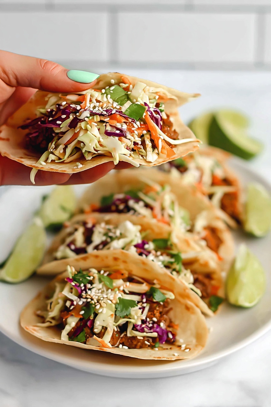 Chicken Wonton Tacos with Asian Slaw, easy Asian taco recipes, flavorful chicken tacos, crispy wonton shell tacos, quick weeknight dinner ideas - A white plate with four soft taco shells filled with layered ingredients is shown on a white marbled surface. Each taco has a base layer of brown cooked meat, topped with a mix of finely shredded vegetables including light green cabbage, purple cabbage, orange carrot pieces, and green onion slices. White sesame seeds are sprinkled on top, adding texture. Lime wedges sit near the plate edges for garnish. A woman's hand with mint-colored nail polish holds one taco above the plate, showcasing the colorful filling inside the folded soft shell. The background is softly blurred white tiles. Photo taken with an iphone --ar 2:3 --v 7