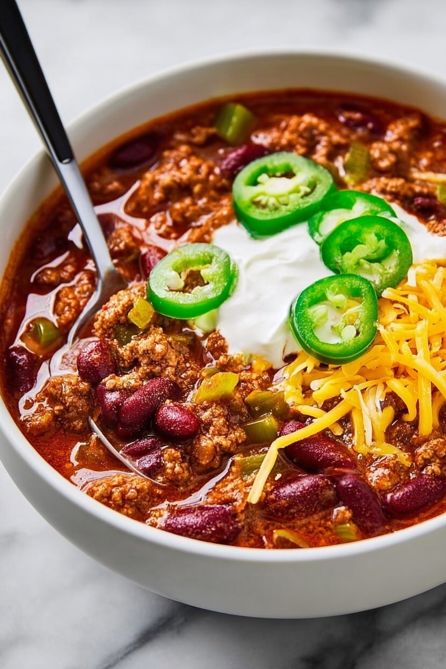 Slow Cooker Beef Chili, beef chili recipes, easy slow cooker chili, hearty beef chili, crowd-pleasing chili - A white bowl filled with thick chili that has visible layers of dark red beans and brown cooked ground meat mixed with diced green bell peppers. On top, there is a bright layer of yellow shredded cheese, dollops of white sour cream, and slices of fresh green jalapeno peppers. A silver spoon with a black handle is resting inside the bowl, partially submerged in the chili. The bowl is placed on a white marbled surface. Photo taken with an iphone --ar 2:3 --v 7