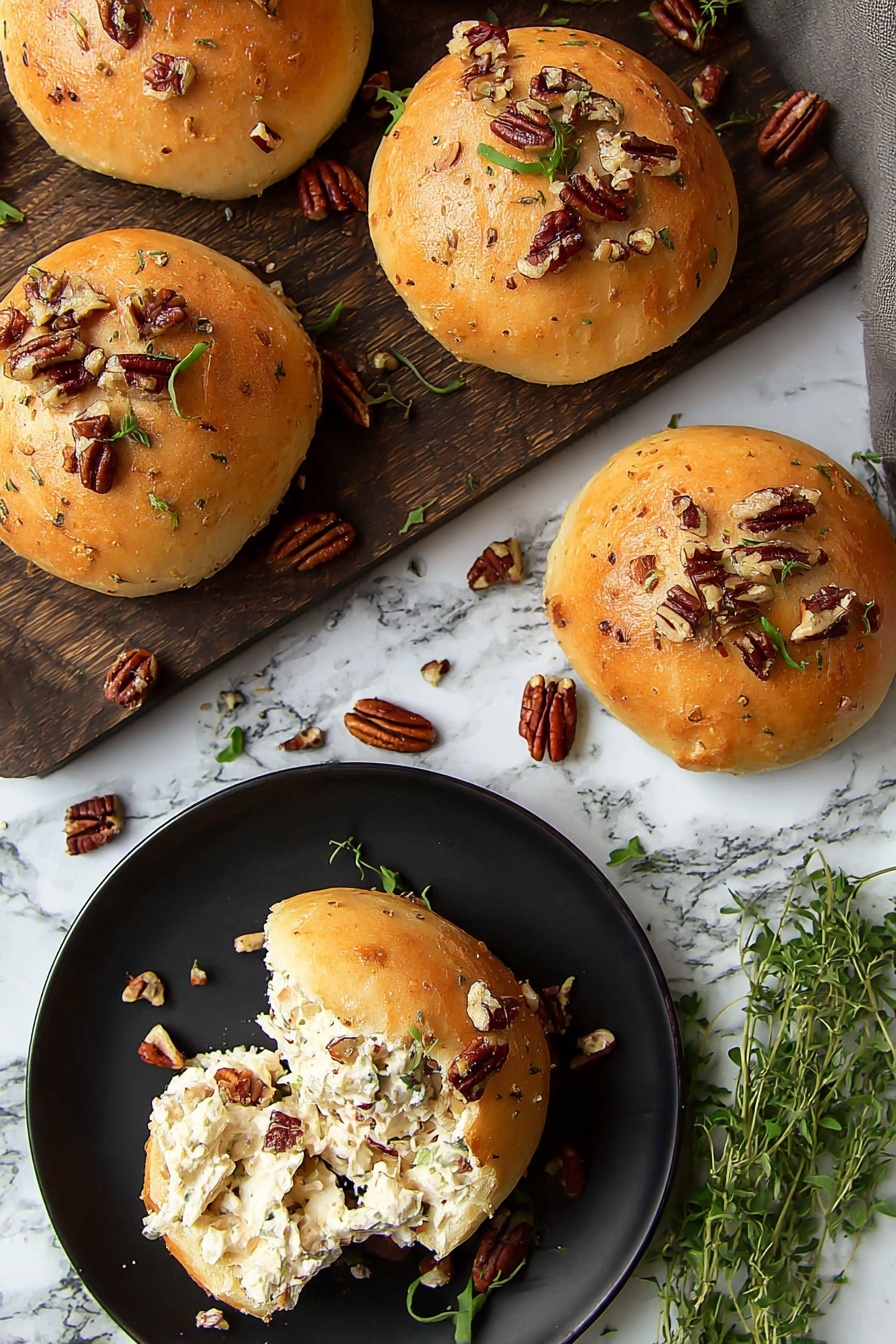 Cranberry Chicken Puffs, savory chicken bites with cranberries, easy holiday appetizers, cheesy chicken puff pastries, quick chicken puff recipes - The image shows five golden brown round bread rolls topped with chopped pecans and small green herb leaves. Four rolls sit on a dark wooden board partially visible at the top, with some scattered pecans and green herbs around them. One roll is broken open on a black plate at the bottom, revealing creamy white chicken salad filling mixed with pecans inside. The surface underneath everything is a white marbled texture, and there is a small bunch of fresh green herbs on the right. Photo taken with an iphone --ar 2:3 --v 7