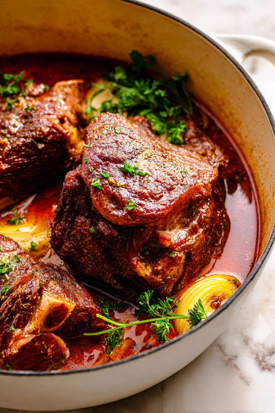 Braised Pork Shoulder with Apples, pork shoulder recipes, slow braised pork, apple pork stew, comforting pork dishes - The image shows two large chunks of brown cooked meat with a slightly crispy and glistening surface, sitting in a light red sauce inside a white pot. Fresh green parsley sprigs are placed around the meat, adding a touch of color. Some slices of light yellow vegetables are partially submerged in the sauce, creating a layered look. The white pot contrasts with the rich colors of the sauce and meat, and it rests on a white marbled surface. photo taken with an iphone --ar 2:3 --v 7